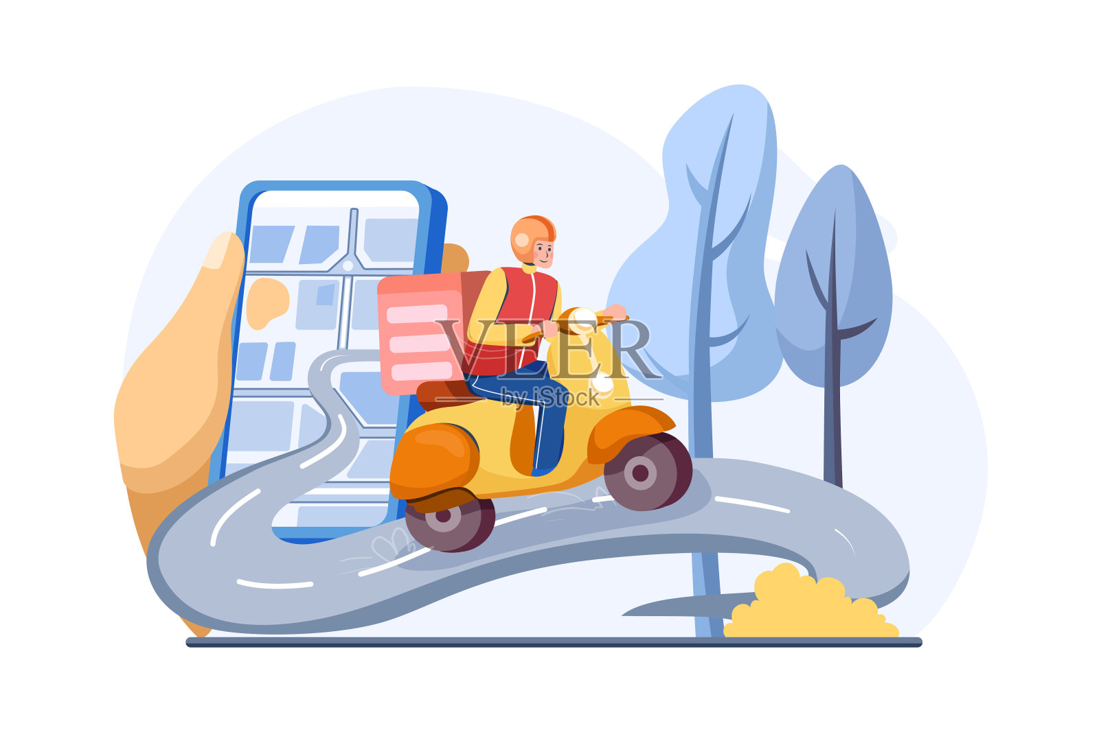 顾客在手机应用上订购，骑摩托车的人根据GPS地图插画图片素材