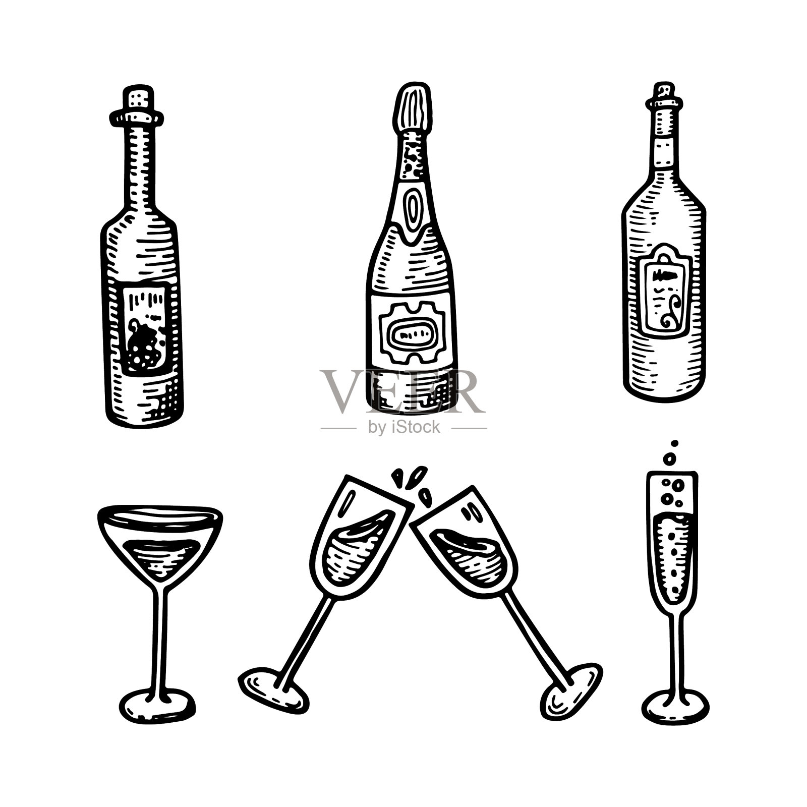 一套装有葡萄酒和葡萄的瓶子和玻璃杯图标素材