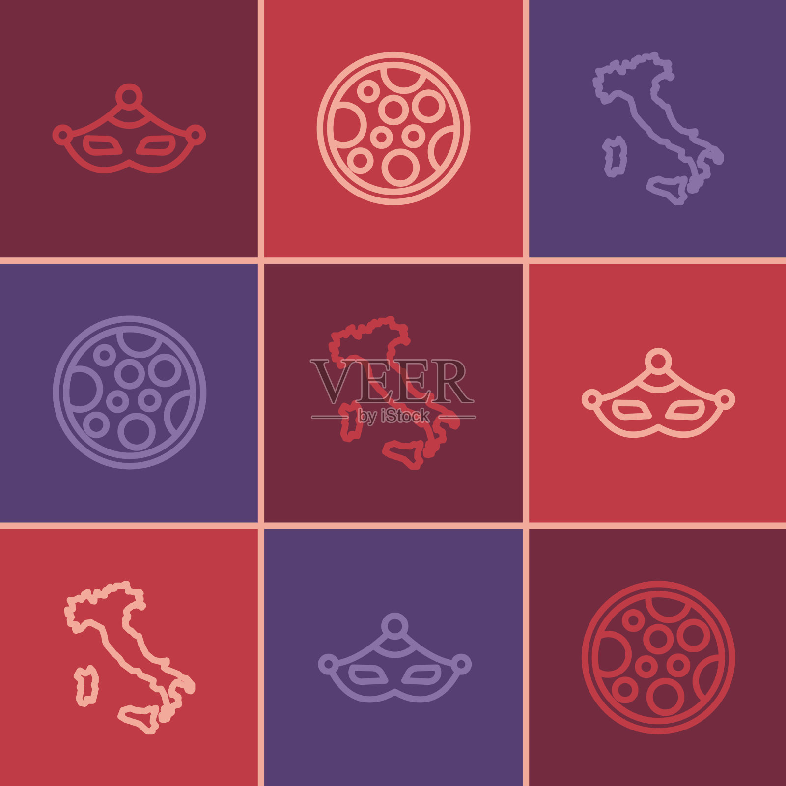 设置线嘉年华面具意大利和披萨地图图标素材