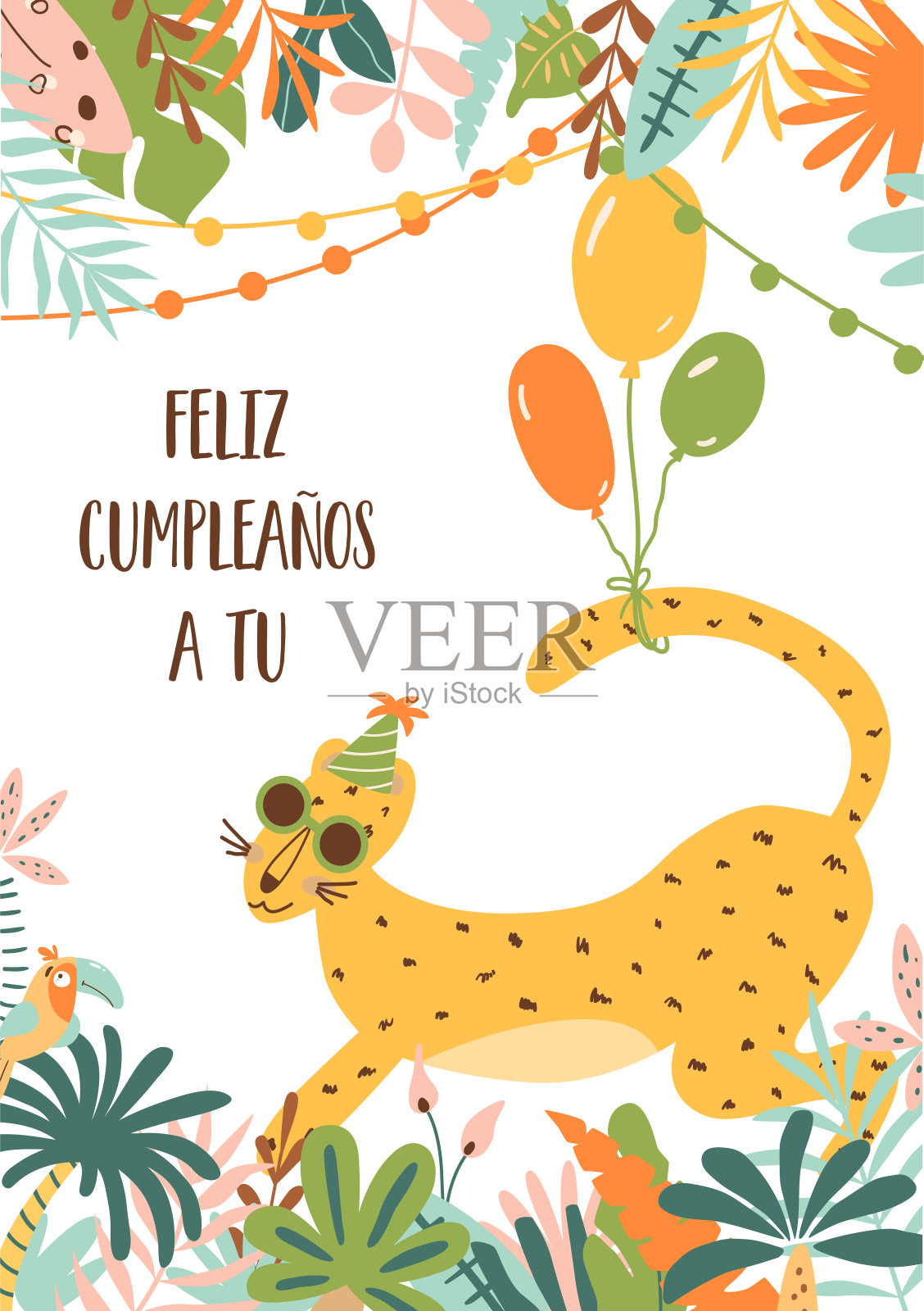 Feliz cumpleanos的生日海报。Feliz Cumpleanos在西班牙语中的意思是生日快乐。热带树叶和豹插画图片素材