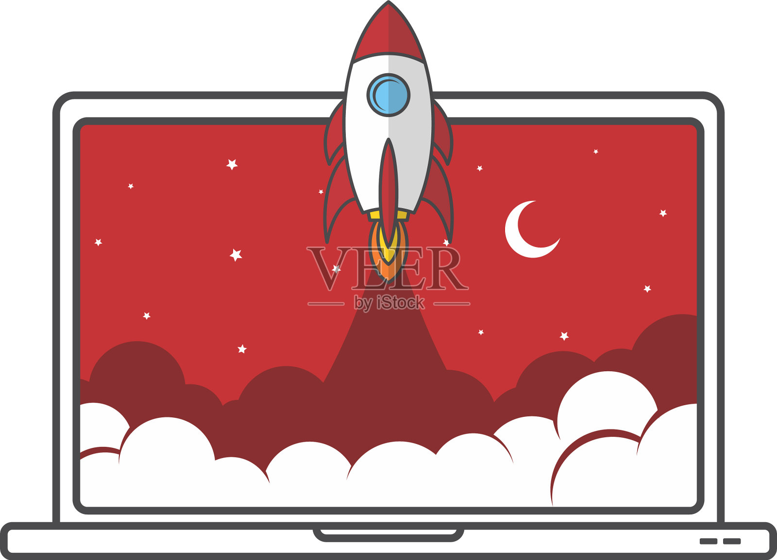 笔记本电脑助推启动太空火箭插画图片素材
