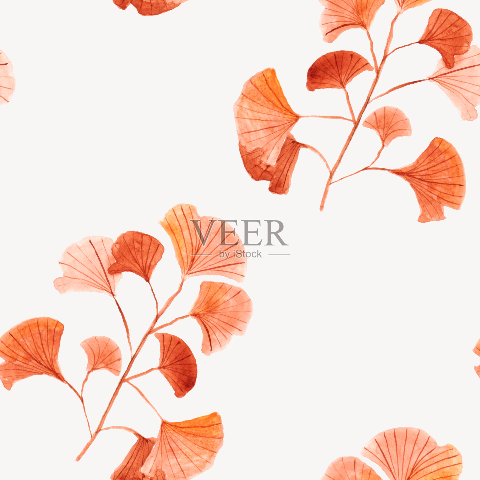 水彩画，无缝图案与黄色和棕色的树叶和树枝插画图片素材