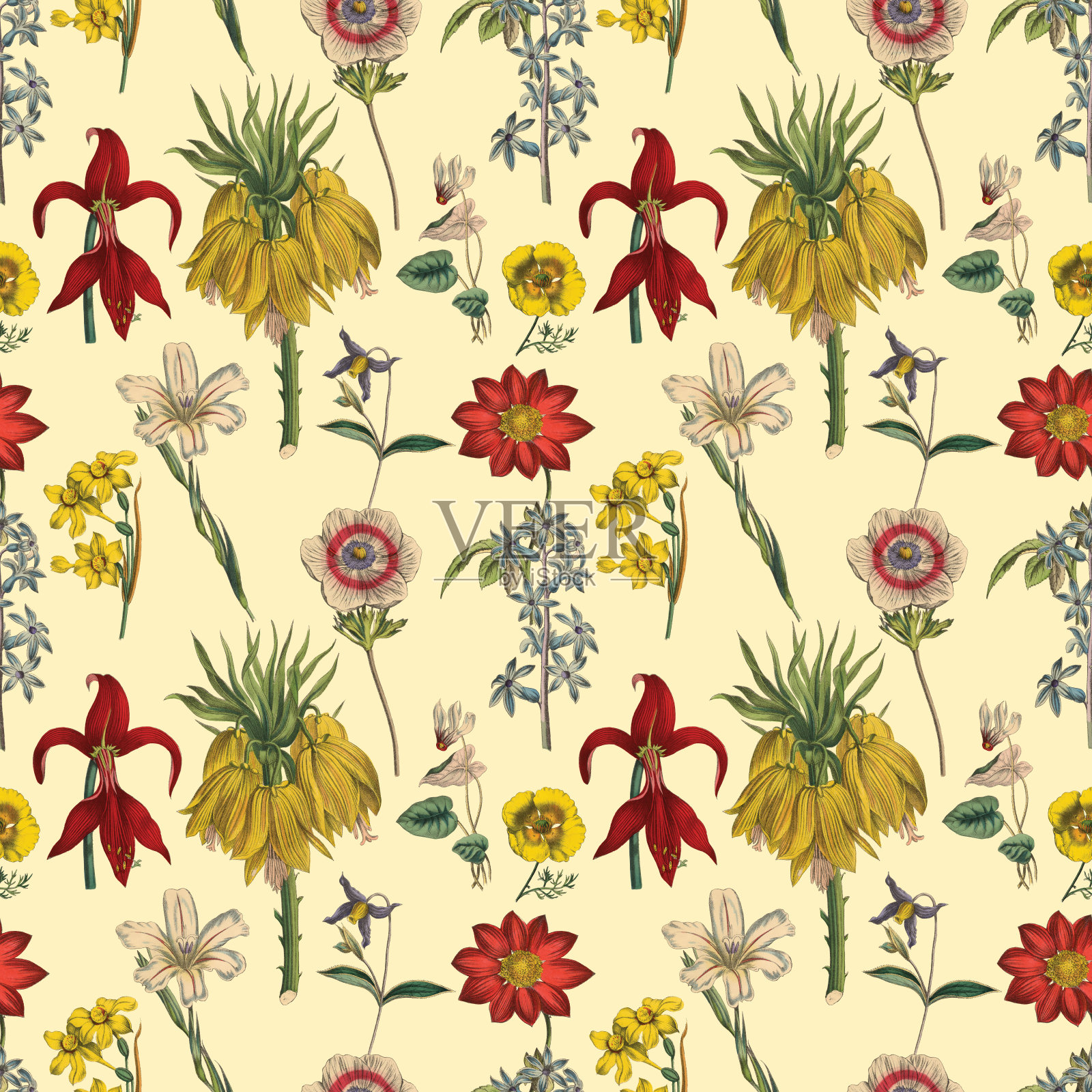 维多利亚植物，手工着色，无缝重复图案。现实的盛开孤立的花复古织物背景。美丽的村舍花园和野花。壁纸巴洛克风格。绘画雕刻。维多利亚时代的插图。插画图片素材