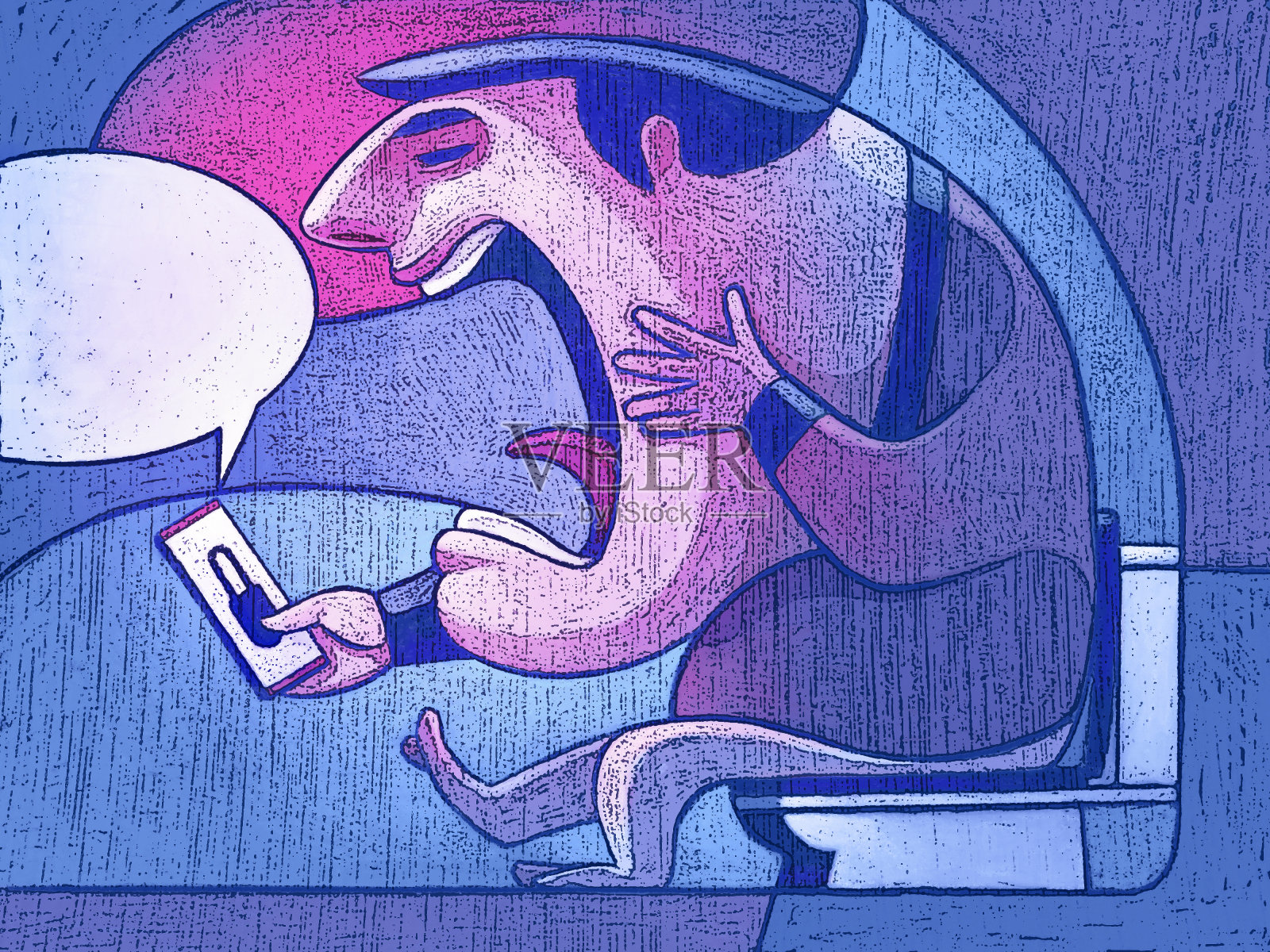 一个男人坐在马桶上，看着智能手机的锁屏尖叫插画图片素材