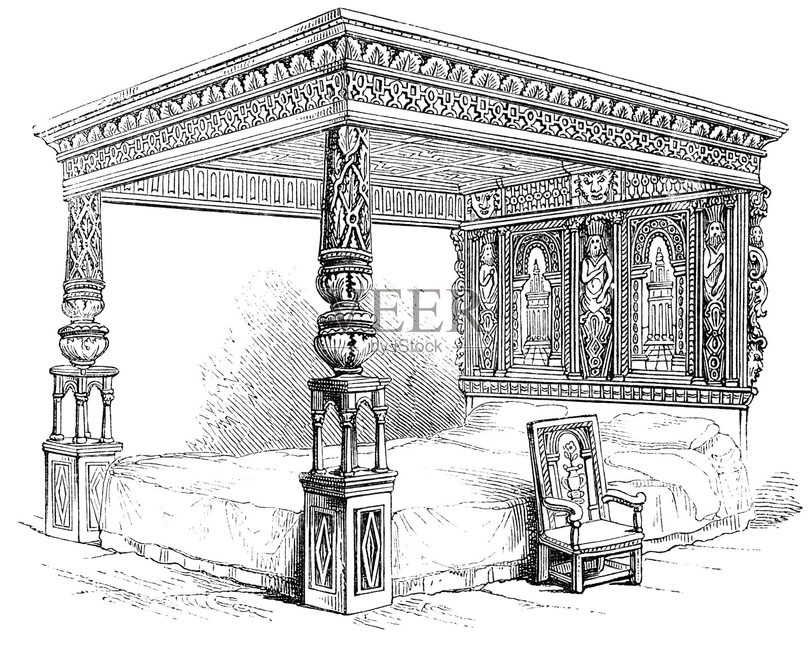 瓷器大床——16世纪插画图片素材