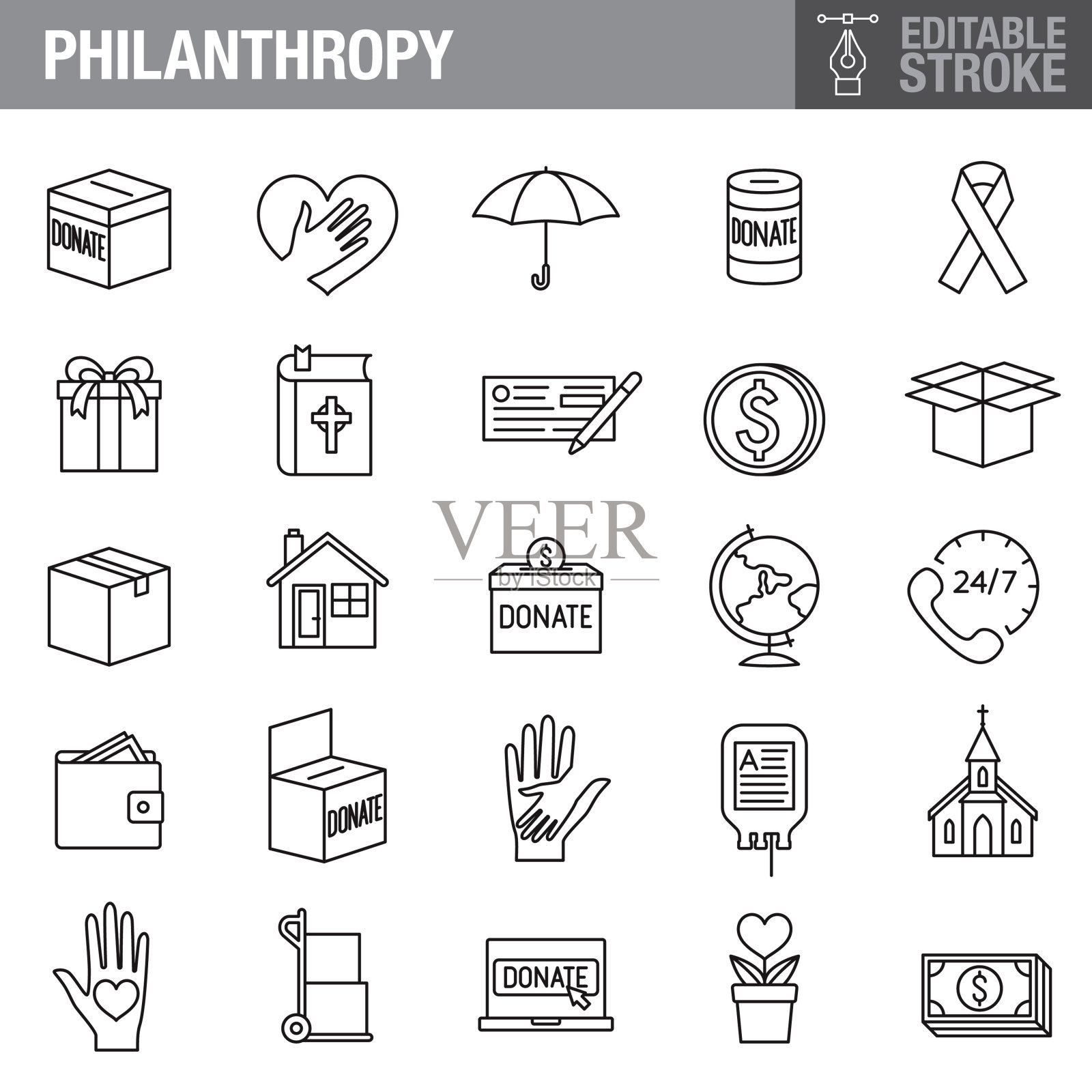慈善和慈善可编辑的笔触图标设置插画图片素材