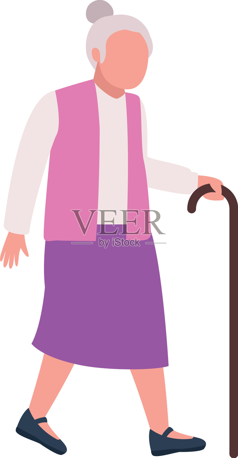 奶奶拄着拐杖走路插画图片素材