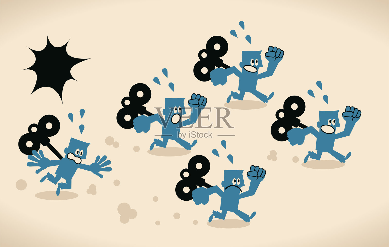 一群背上有发条钥匙的人拼命(忙碌)跑着，累坏了;有人已经远远落在后面，似乎没有必要再追上去了插画图片素材