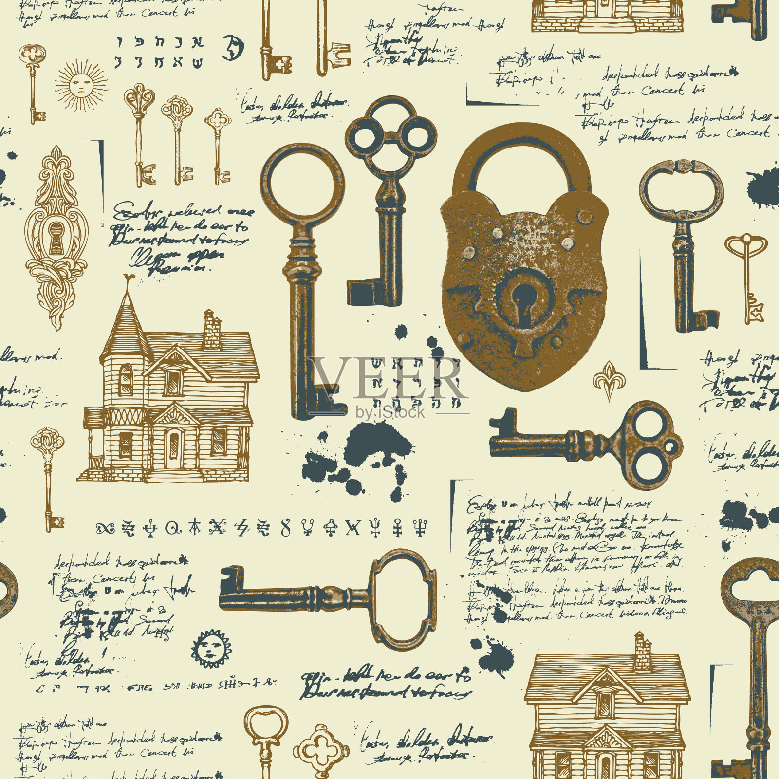 无缝图案与旧钥匙挂锁和房子插画图片素材