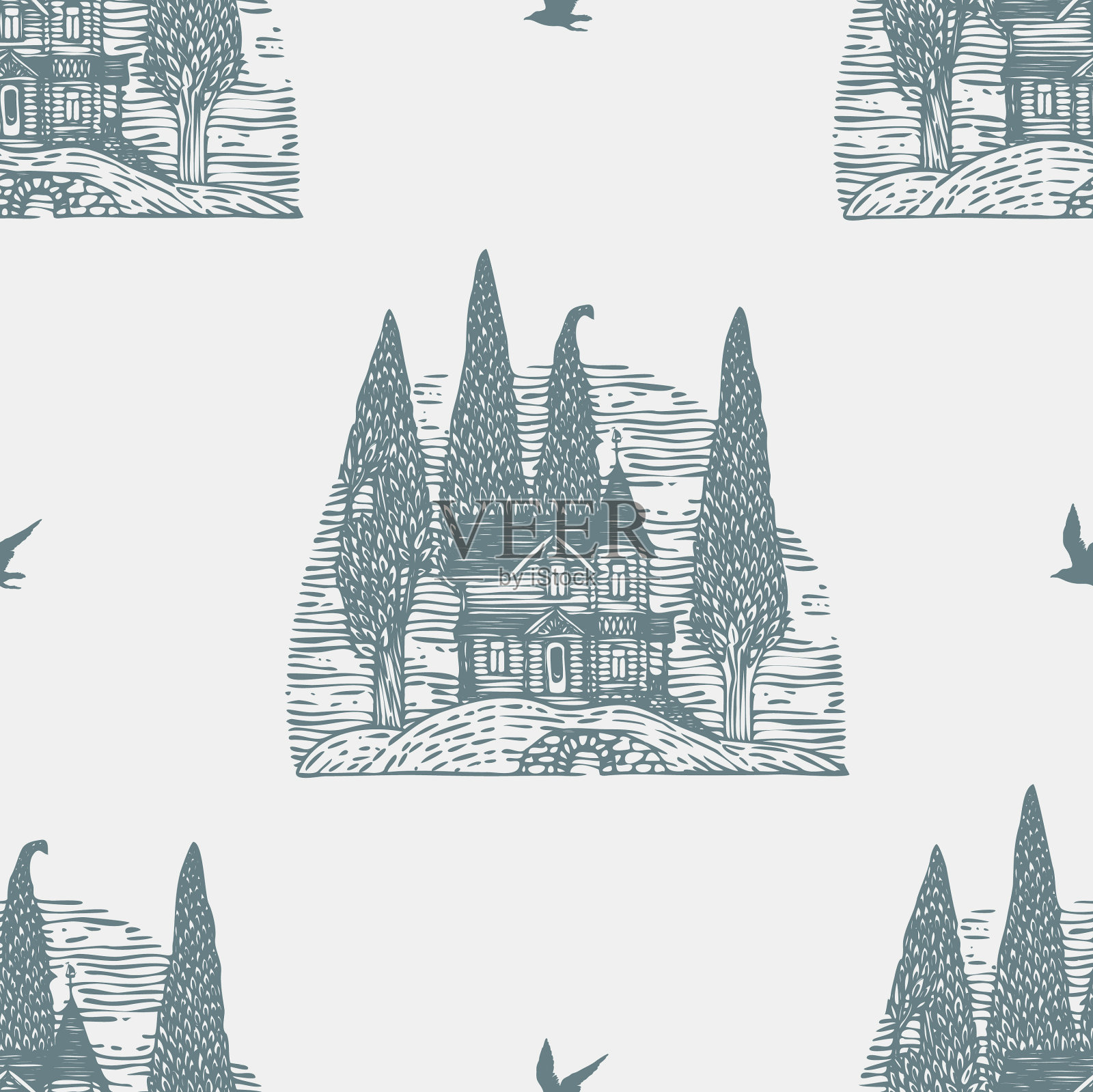 房子和树木在山上无缝的模式插画图片素材