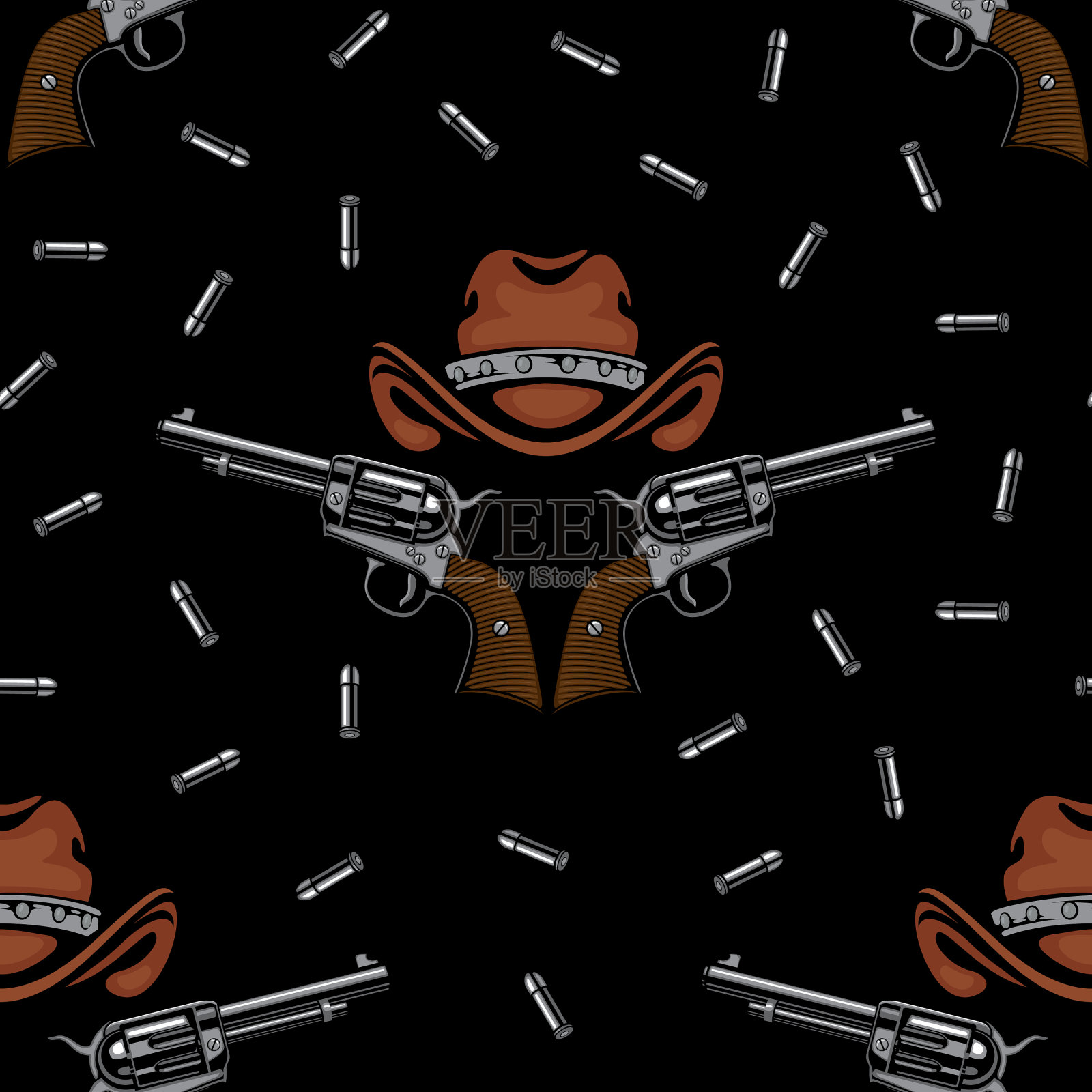无缝模式与手枪，帽子和子弹插画图片素材