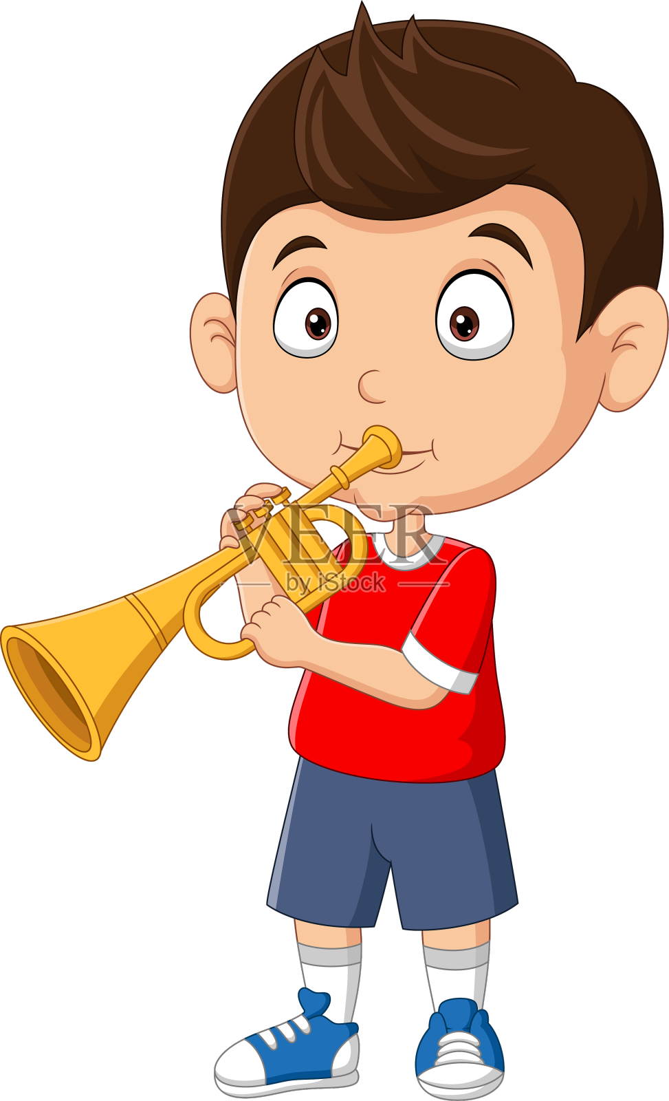 卡通小男孩在吹小号设计元素图片