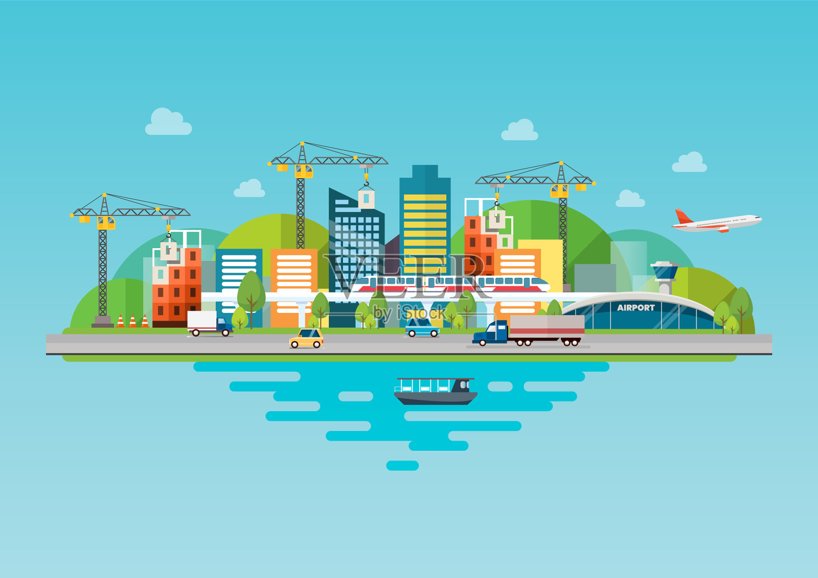 城市景观与基础设施和建筑下插画图片素材