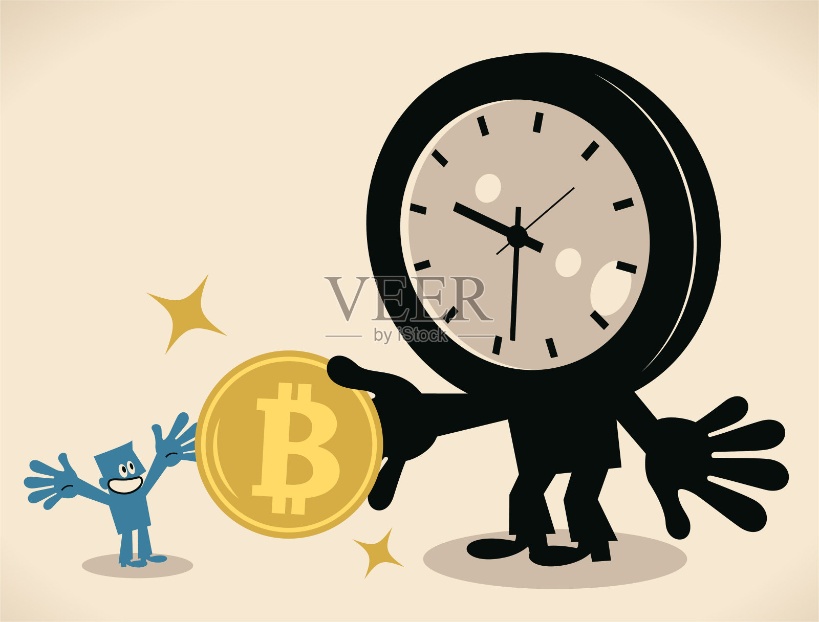 巨大的虚构时间角色给了一个商人比特币加密货币插画图片素材