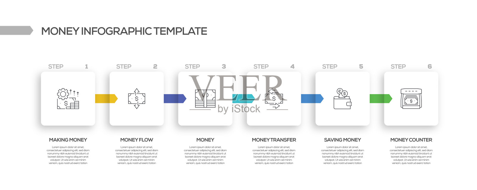 金钱相关的过程信息图表模板。过程时间图。带有线性图标的工作流布局插画图片素材