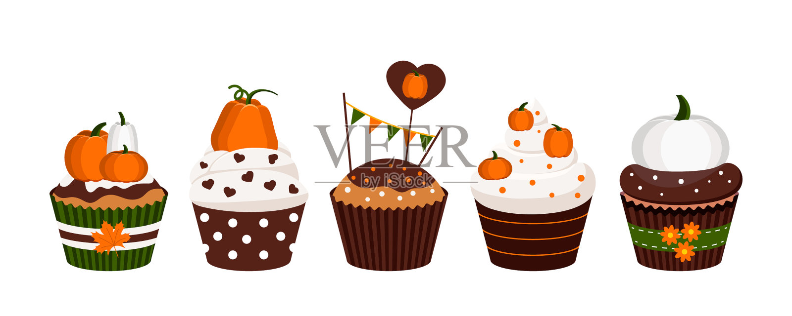 纸杯蛋糕，南瓜甜点设置孤立的白色图标素材