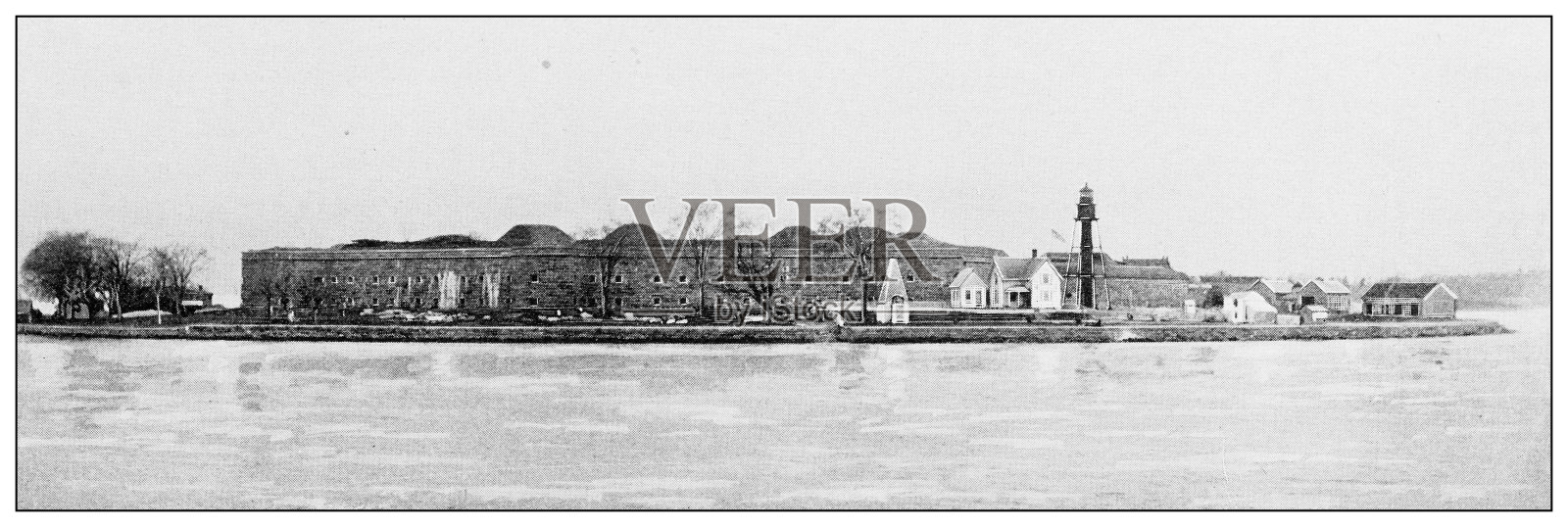 纽约的古董照片:斯凯勒堡，长岛海峡的入口插画图片素材