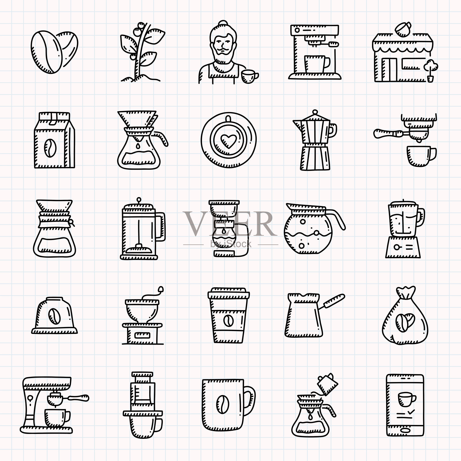咖啡相关的手绘图标集，涂鸦风格矢量插图插画图片素材