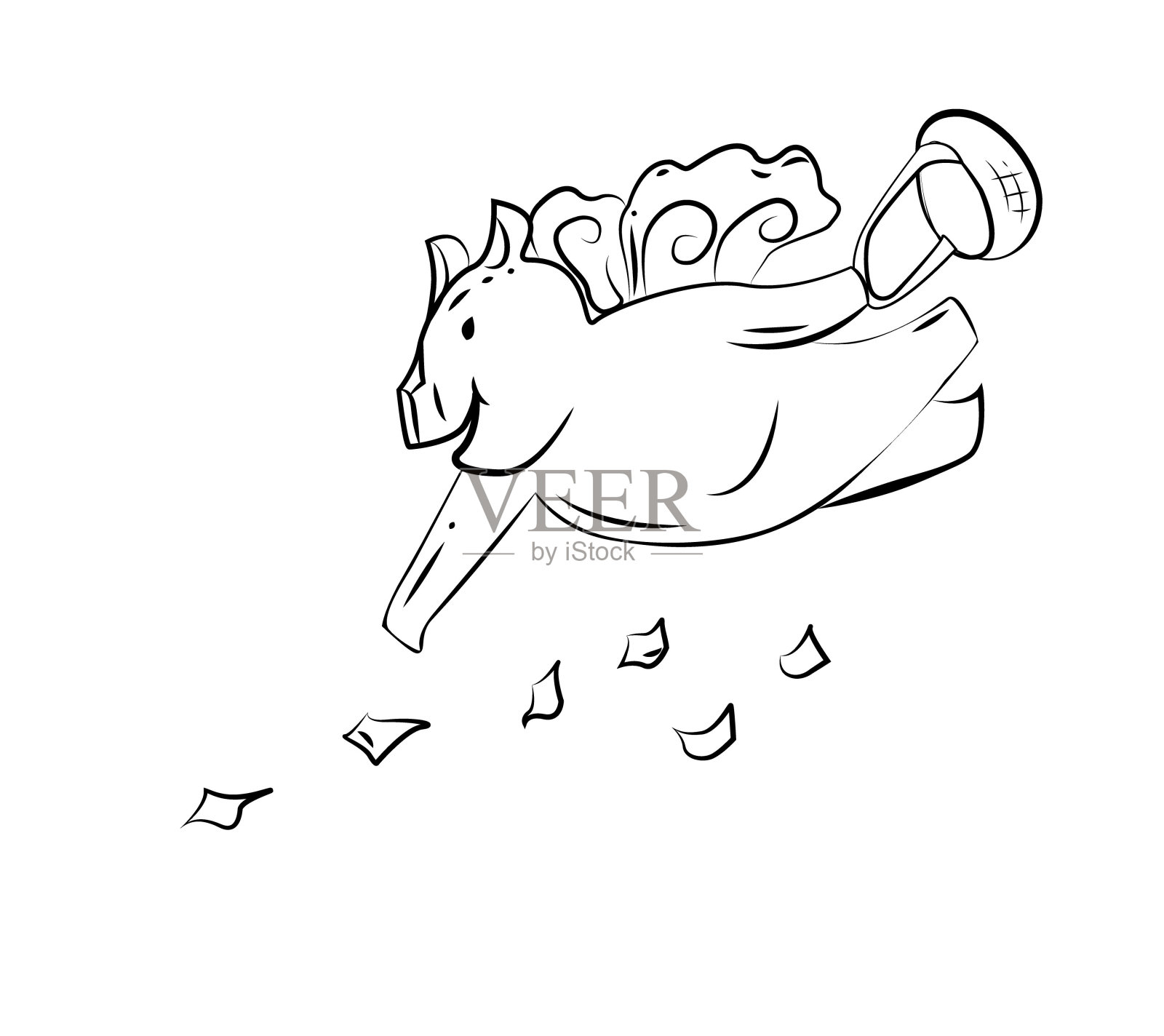 白色背景上长着翅膀的搞笑猪。插画图片素材