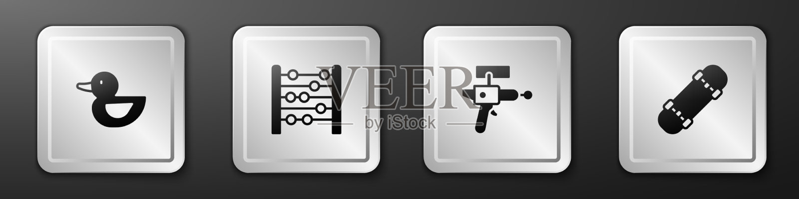 设置橡皮鸭算盘射线枪和滑板图标素材