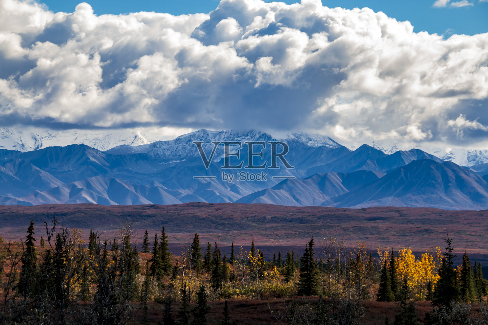 德纳里国家公园内阿拉斯加州山脉上积雪覆盖的锯齿状山峰照片摄影图片
