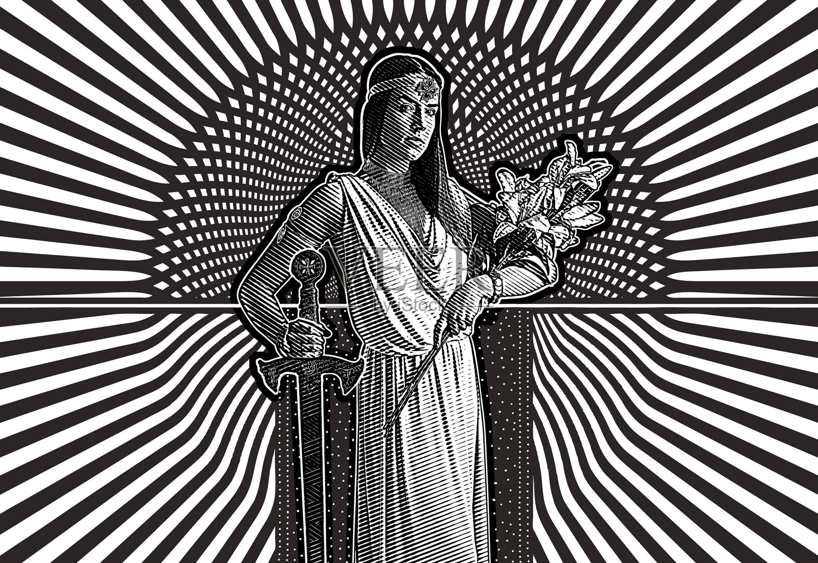 复古的1960年的风格插图的一个年轻的女性女主角与大胆的图形半色调模式背景插画图片素材