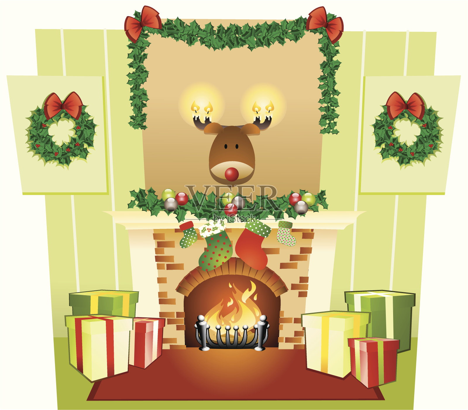 壁炉上挂着长筒袜的圣诞夜插画图片素材