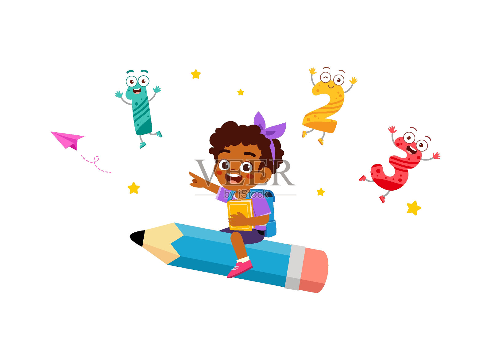 小孩子骑着铅笔飞插画图片素材