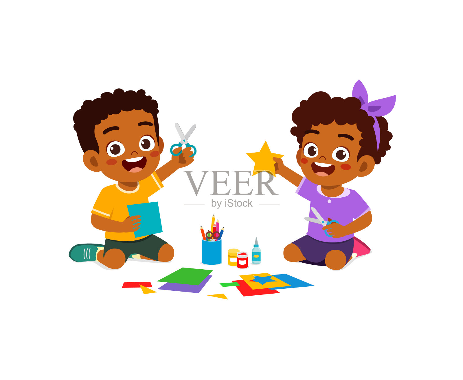 小朋友和朋友一起剪纸插画图片素材