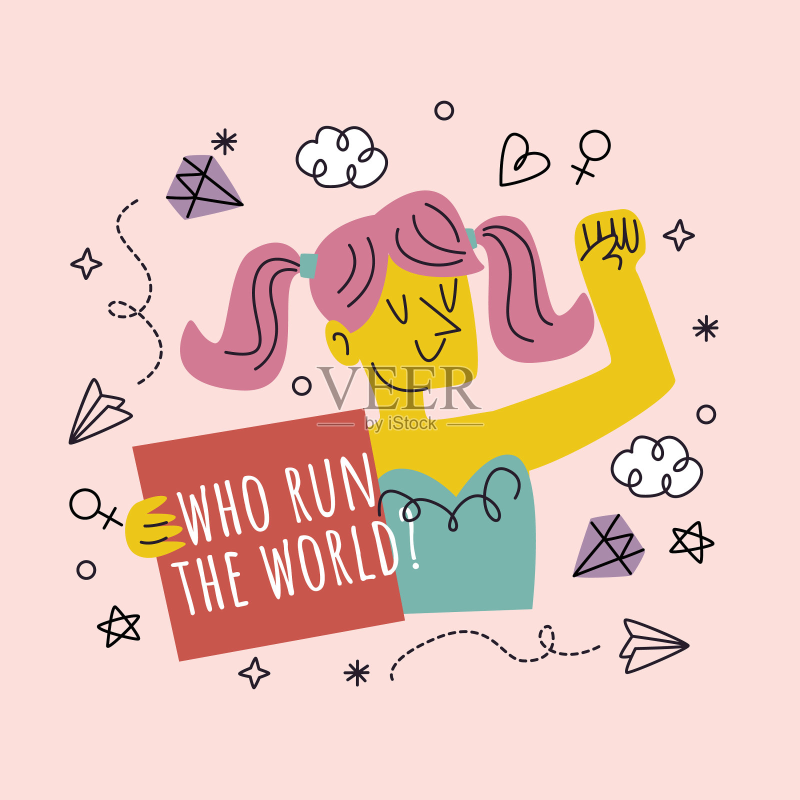 涂鸦手绘女孩力量贴纸平面设计插画图片素材