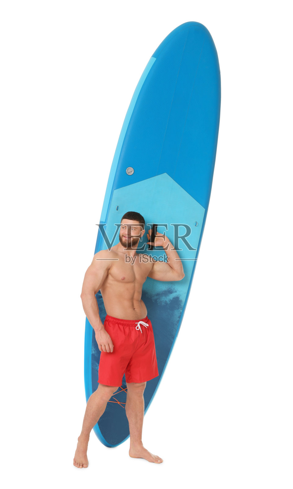 帅哥带着白色背景的蓝色冲浪板照片摄影图片