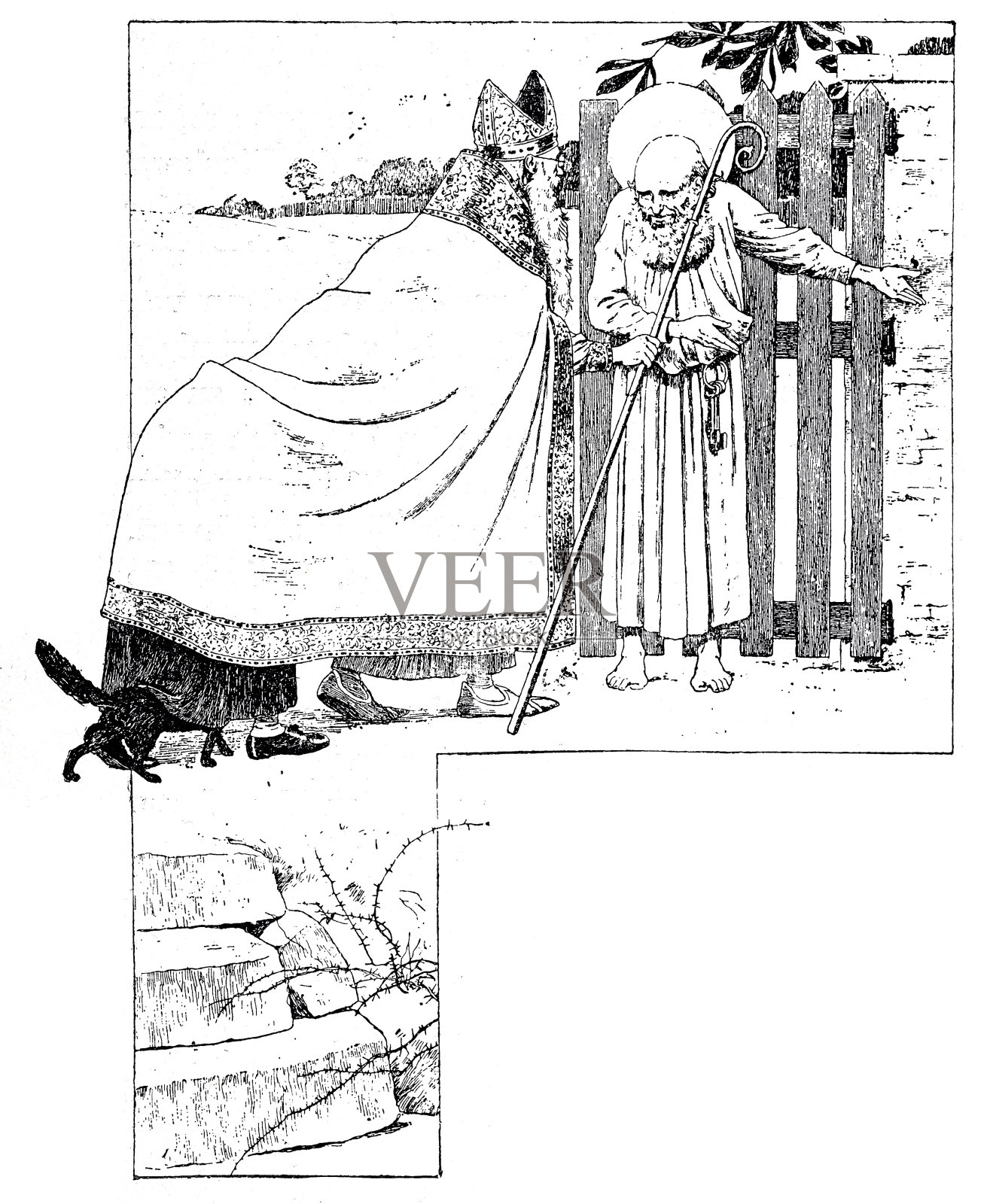 红衣主教和隐在塔里下的女人向隐士打招呼插画图片素材