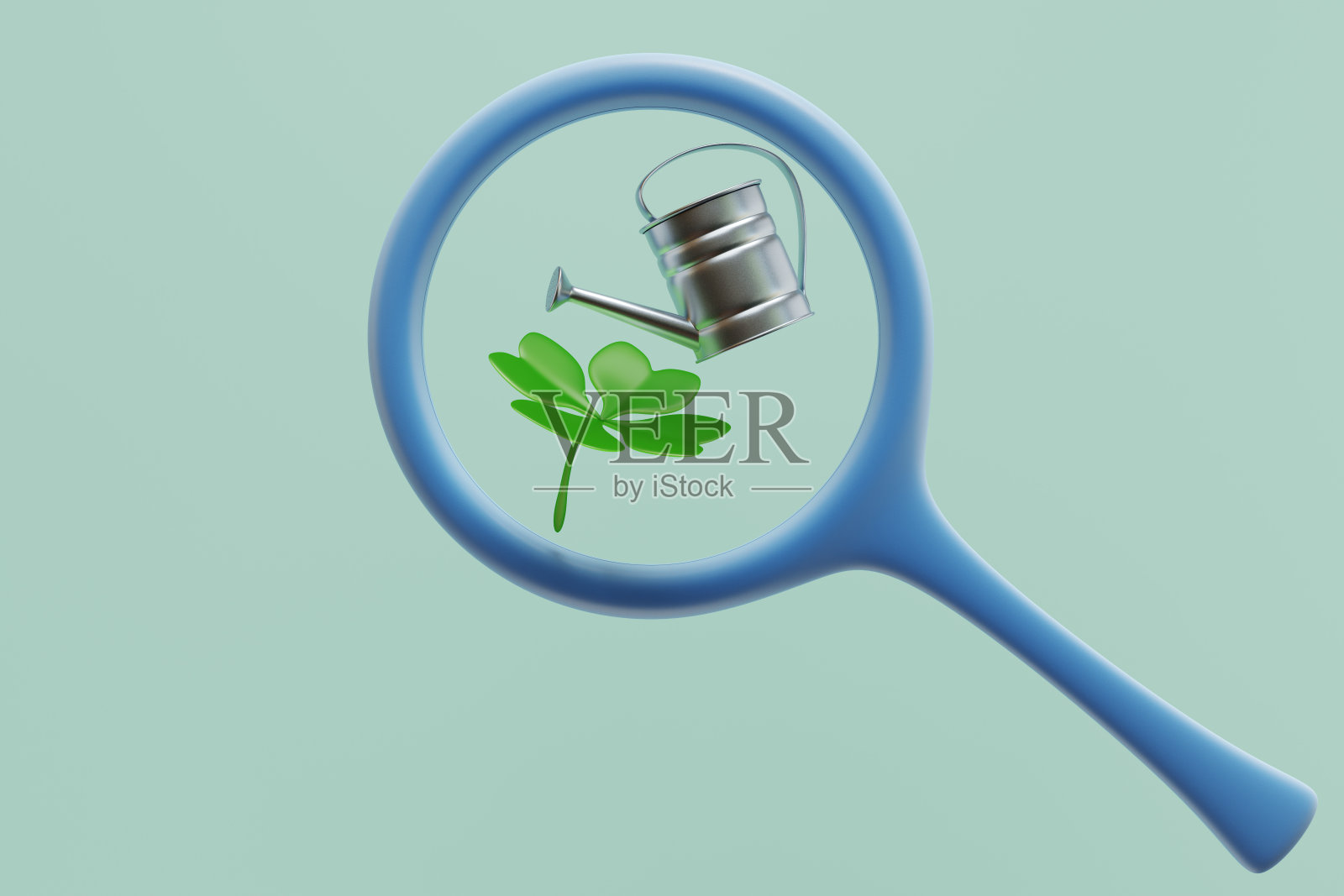 在放大镜下种植和浇水罐。三维渲染照片摄影图片