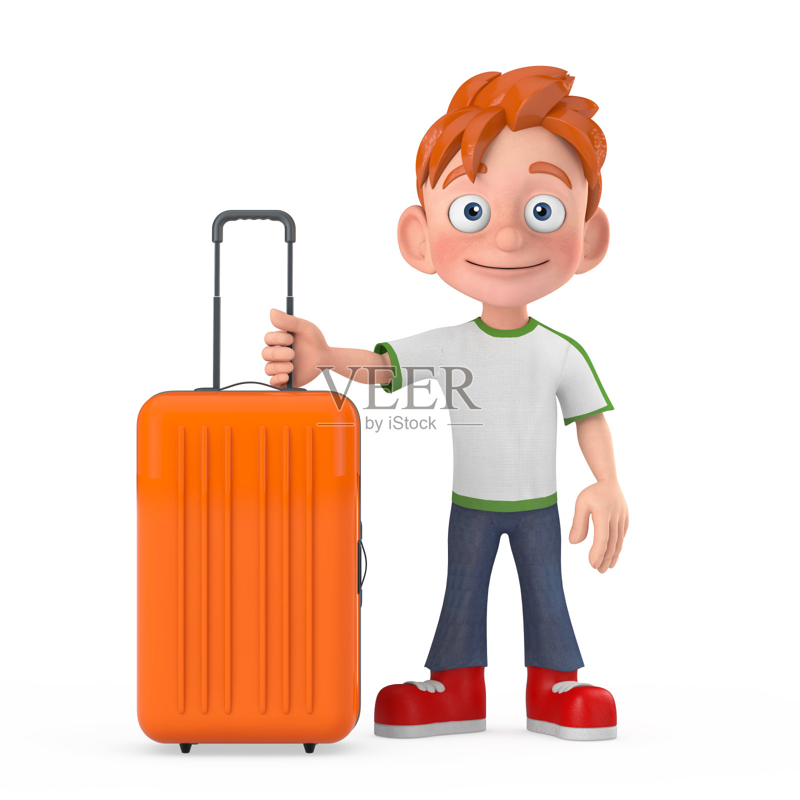 卡通小男孩青少年人物吉祥物与橙色旅行箱。3d渲染照片摄影图片