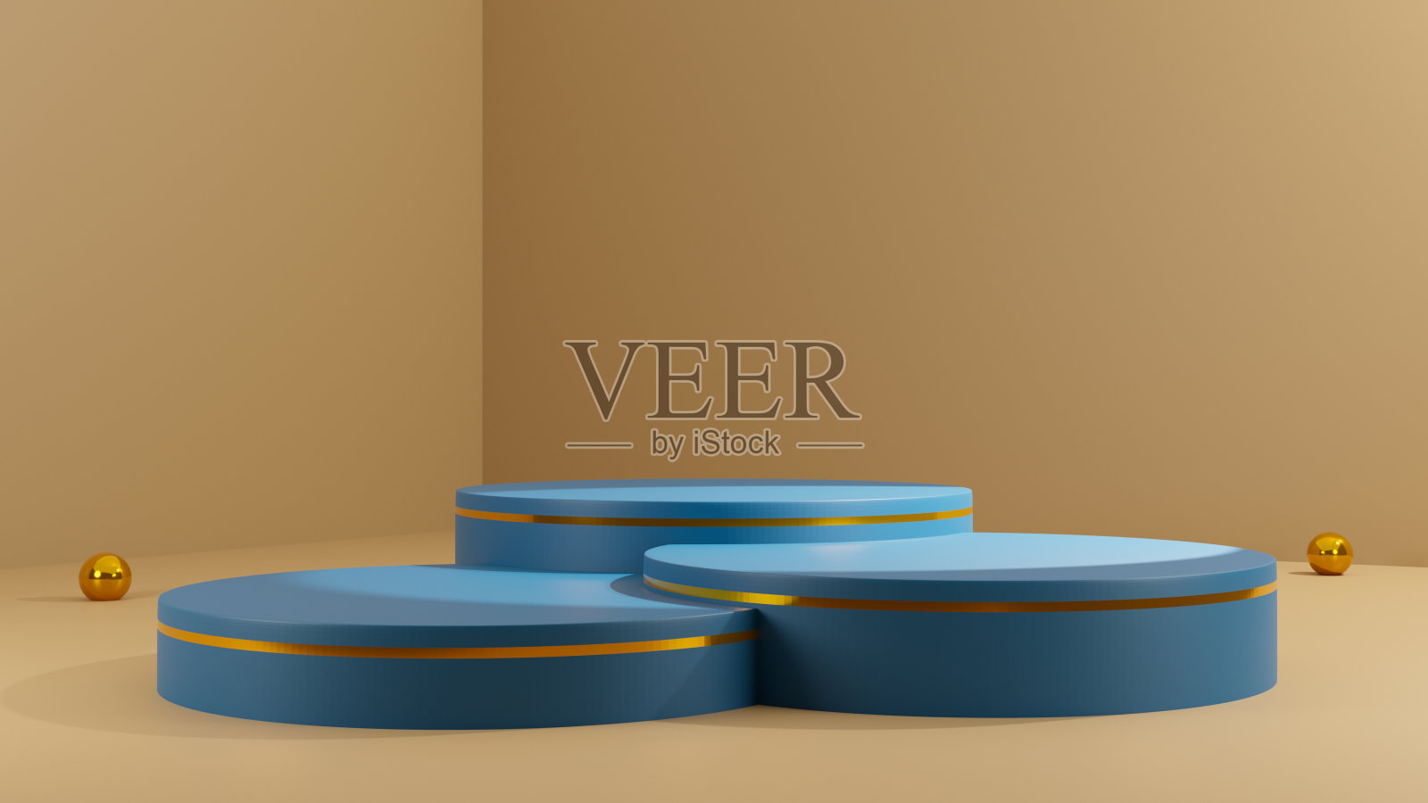 抽象的背景为优质产品展示，讲台与辉煌的蓝色和金色的棕色背景。三维渲染照片摄影图片