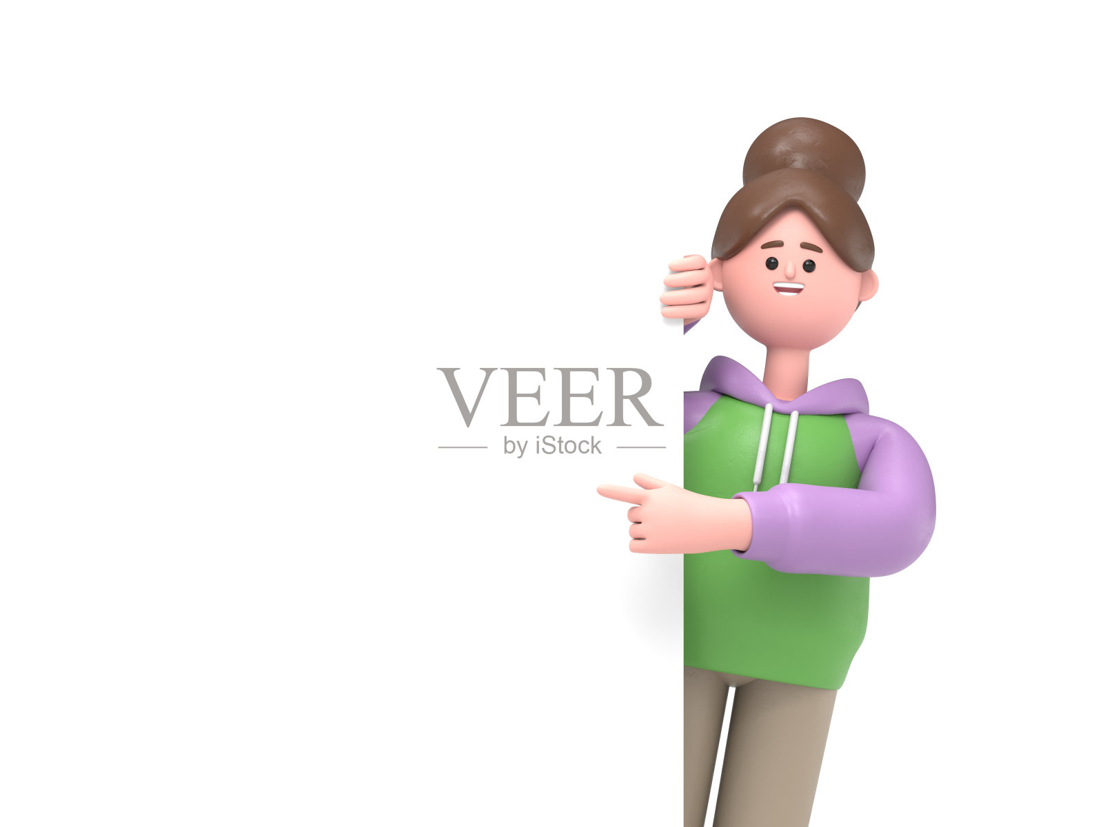 三维插图亚洲女孩Renae指着空白的演示文稿或信息板。靠近肖像的可爱卡通微笑的商人与广告牌。照片摄影图片