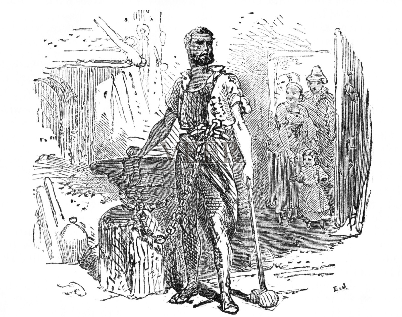 奴隶被锁链锁在熔炉里插画图片素材