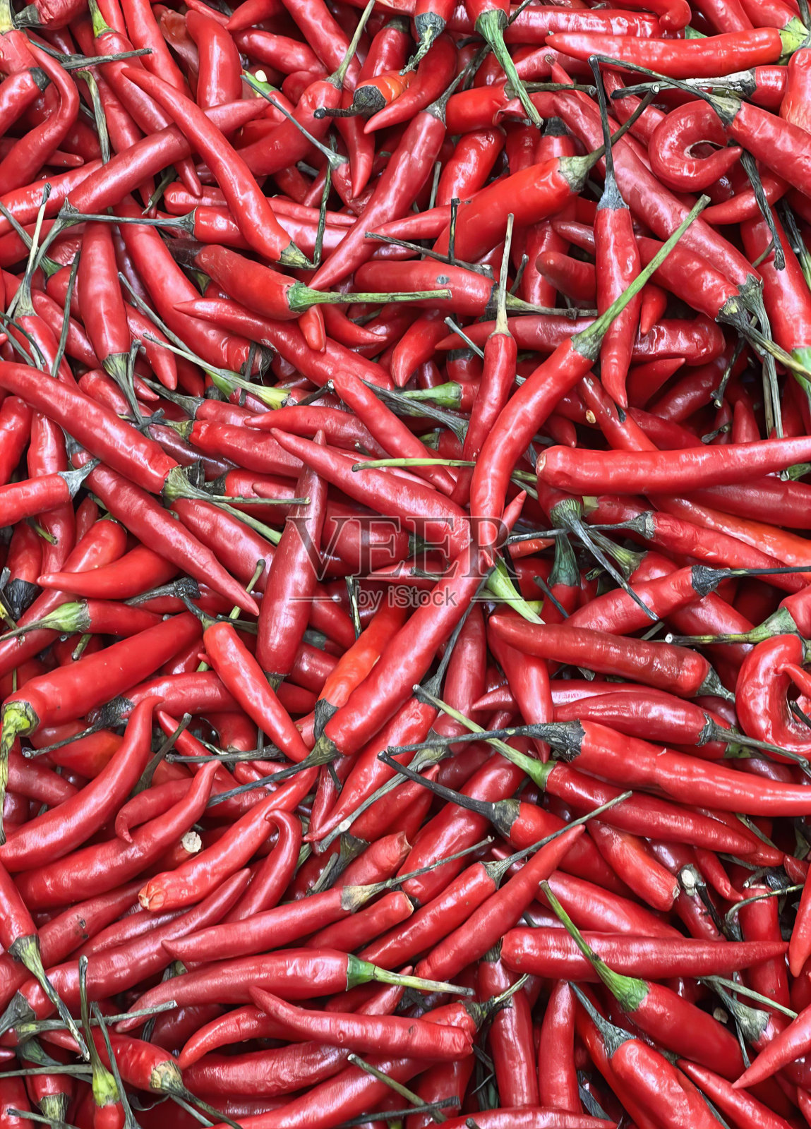 照片上的一堆红辣椒带着绿茎，灯笼椒被一堆一堆地堆在桌子上。照片摄影图片