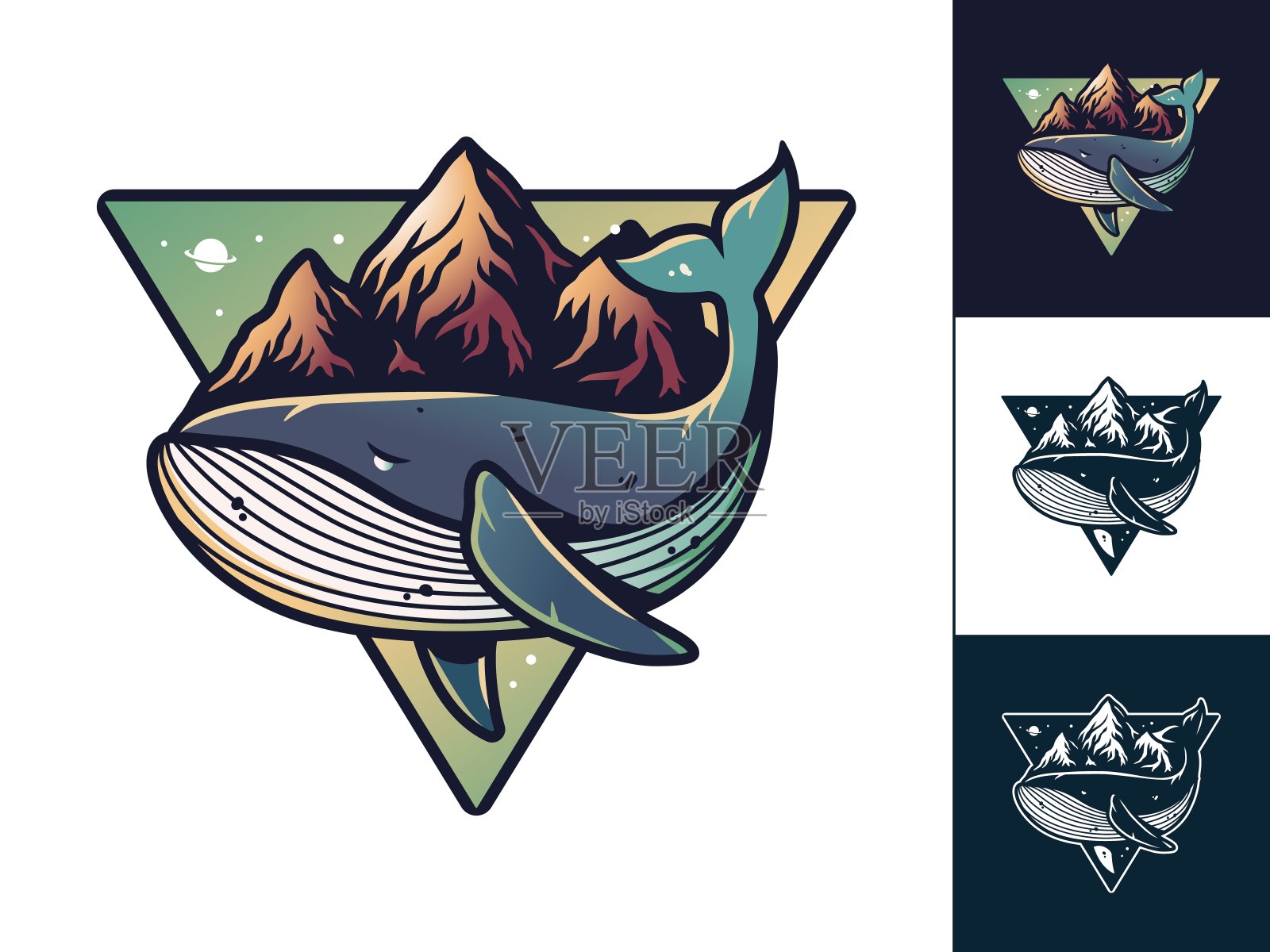 鲸鱼和山。航海和旅游设计元素图片