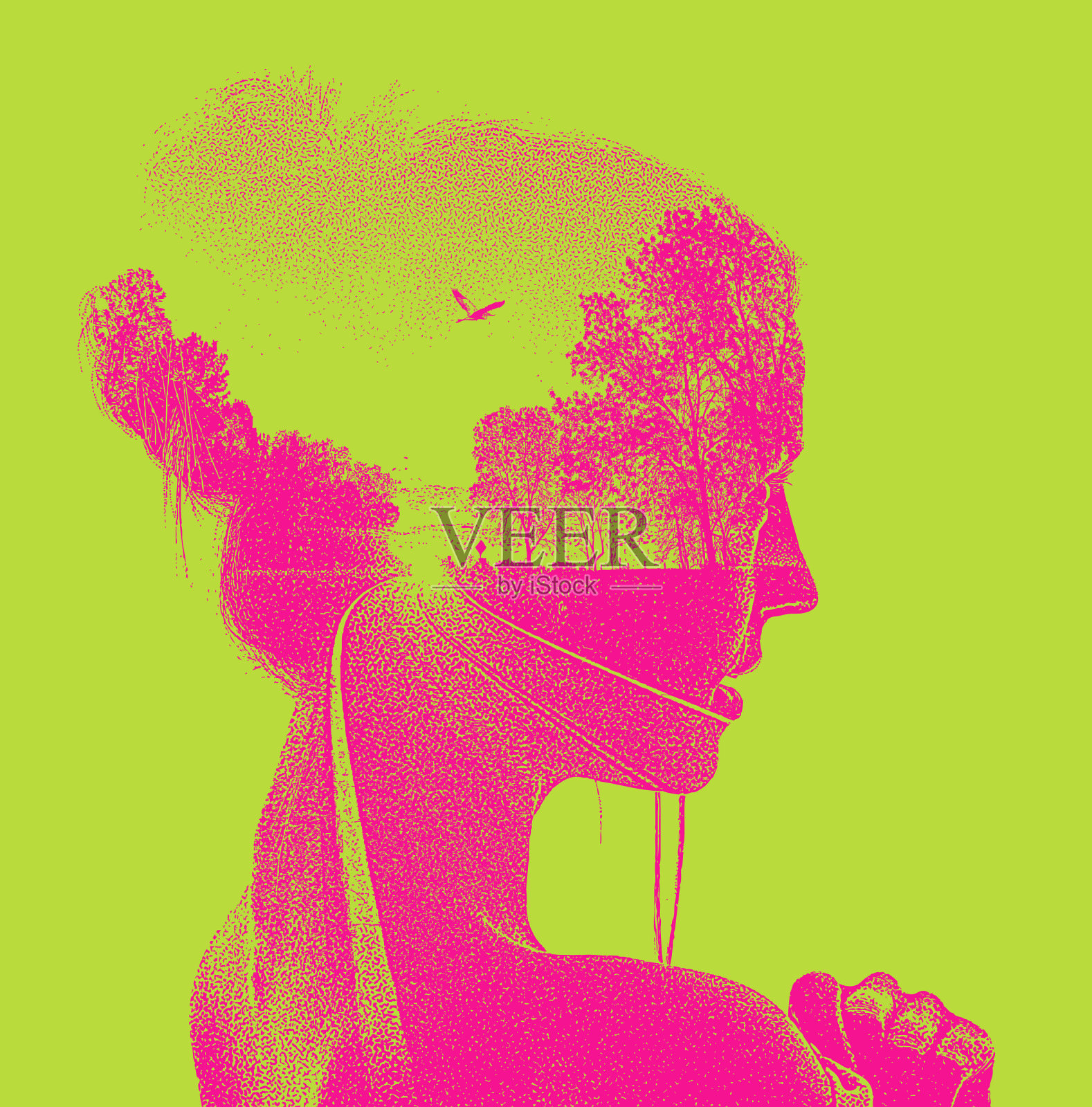 美女和乡村路的多重曝光插画图片素材