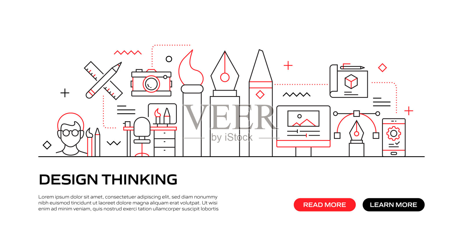 设计思维网页横幅与线性图标，新潮的线性风格向量插画图片素材