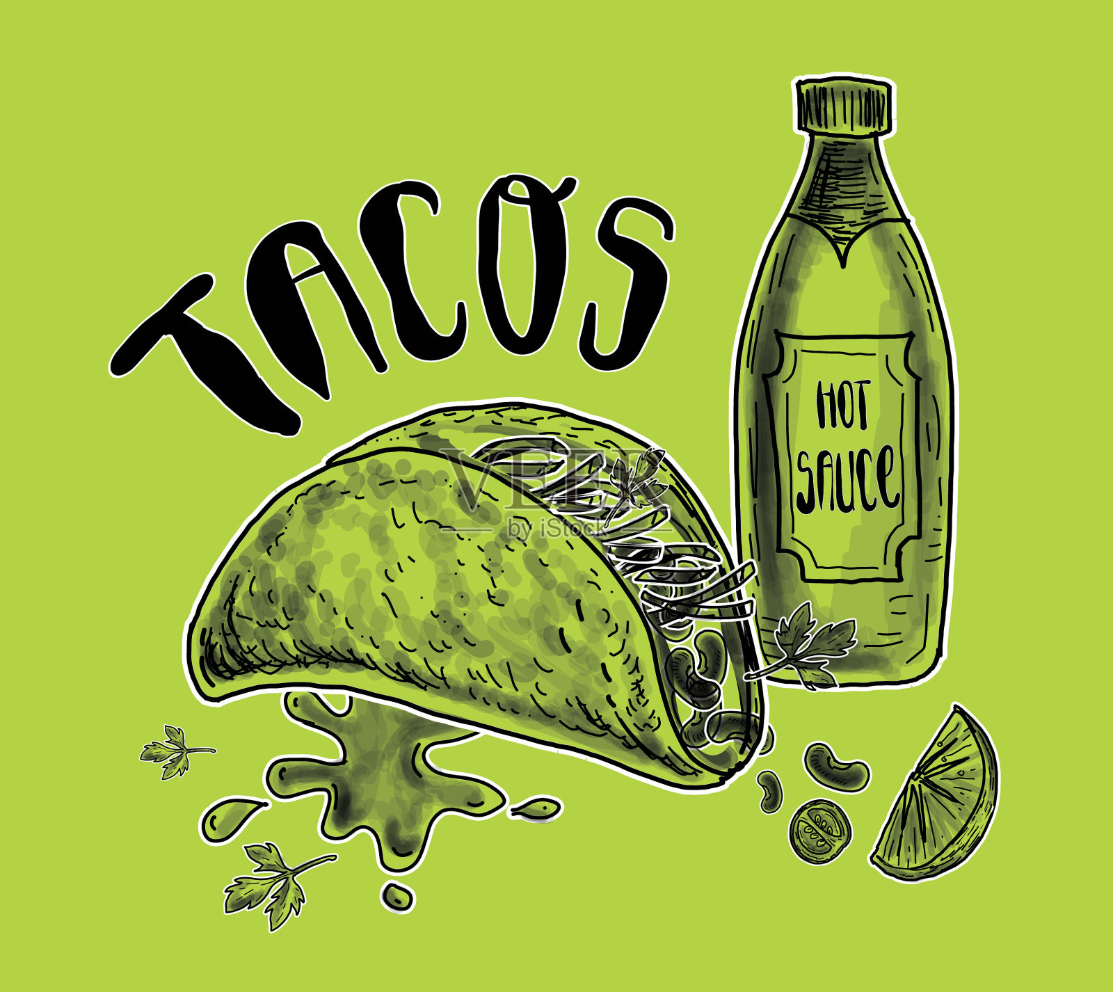 手绘塔可与热酱瓶和塔可馅插画图片素材
