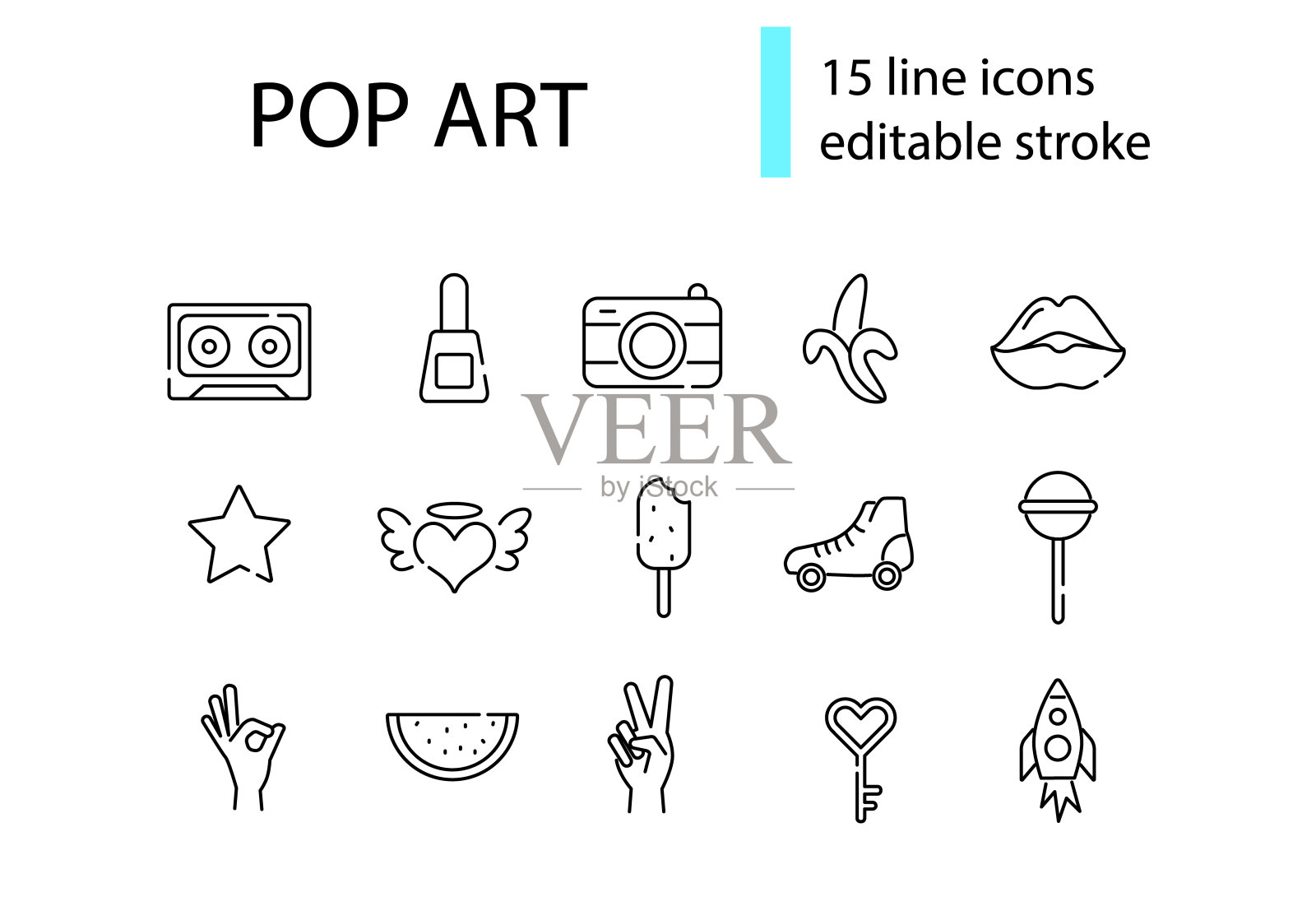 波普艺术线性图标收集。1960年代的复古设计。女人嘴唇、西瓜和手的姿势。向量股票插图图标素材