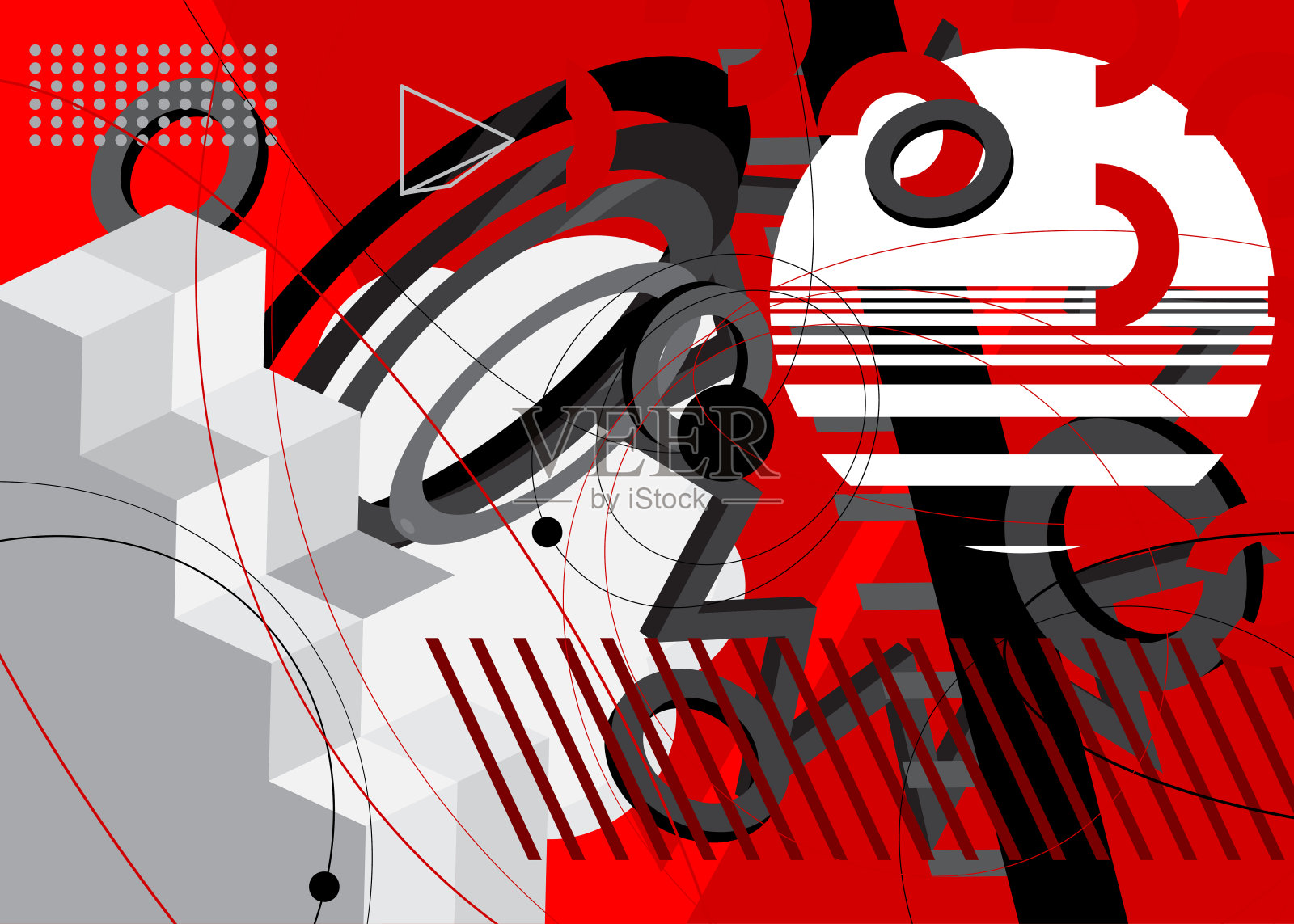 黑色，白色和红色的几何图形复古背景。最小几何形状元素主题封面。复古海报设计模板。插画图片素材