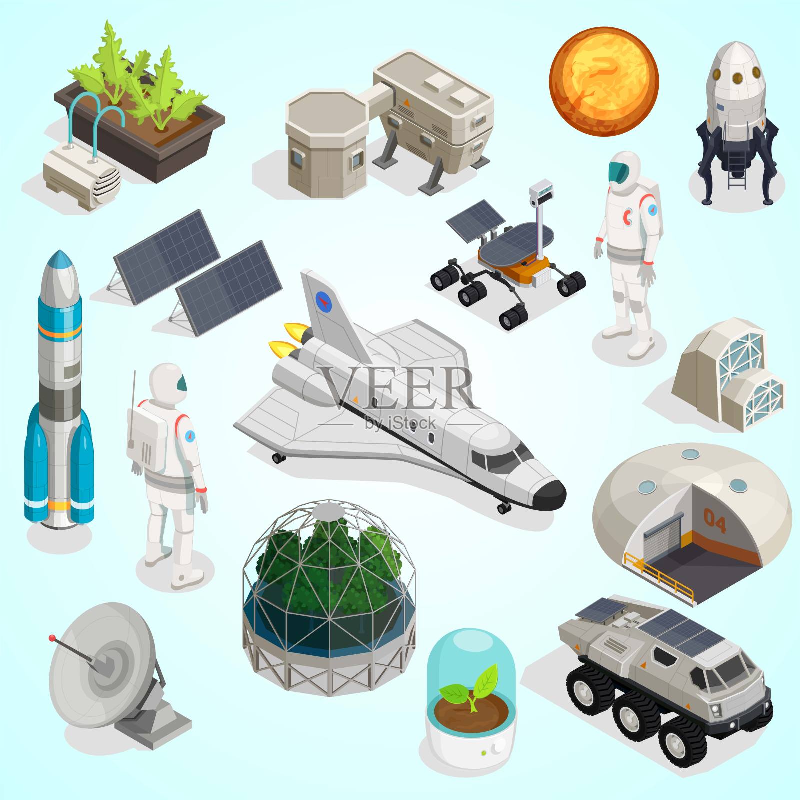 火星殖民等距集宇航员宇航服漫游者探索者太空火箭卫星太阳能板元件插画图片素材
