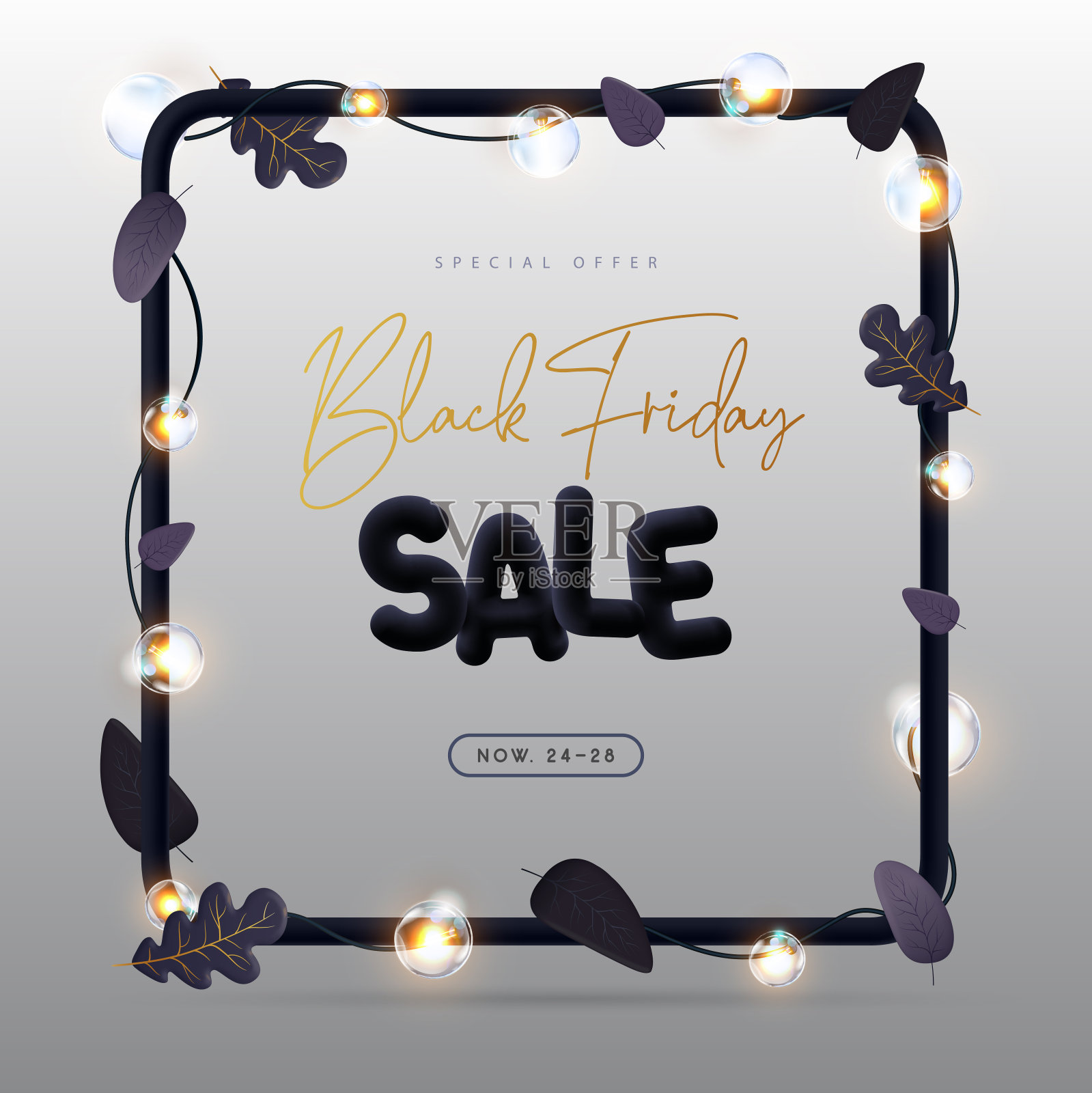 黑色星期五大促销海报与3D黑色塑料字母，秋叶和电灯。矢量图插画图片素材