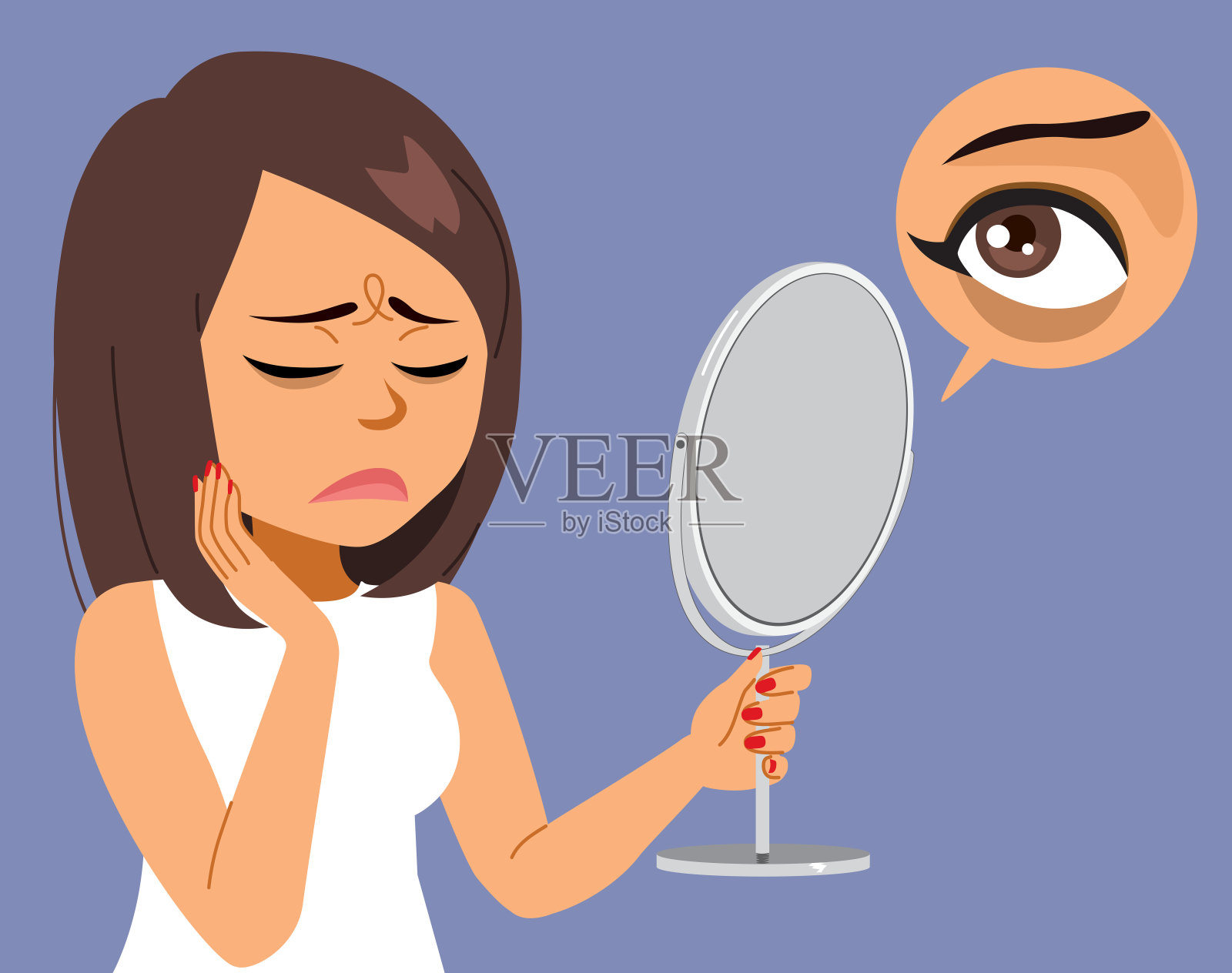 悲伤的女人照镜子，黑眼睛插画图片素材