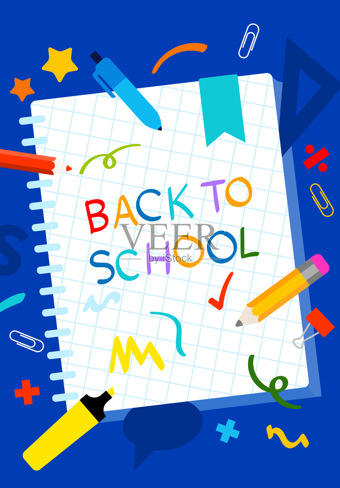 短语回到学校在笔记本，学校用品周围:钢笔，铅笔，夹子，涂鸦，涂鸦。插画图片素材