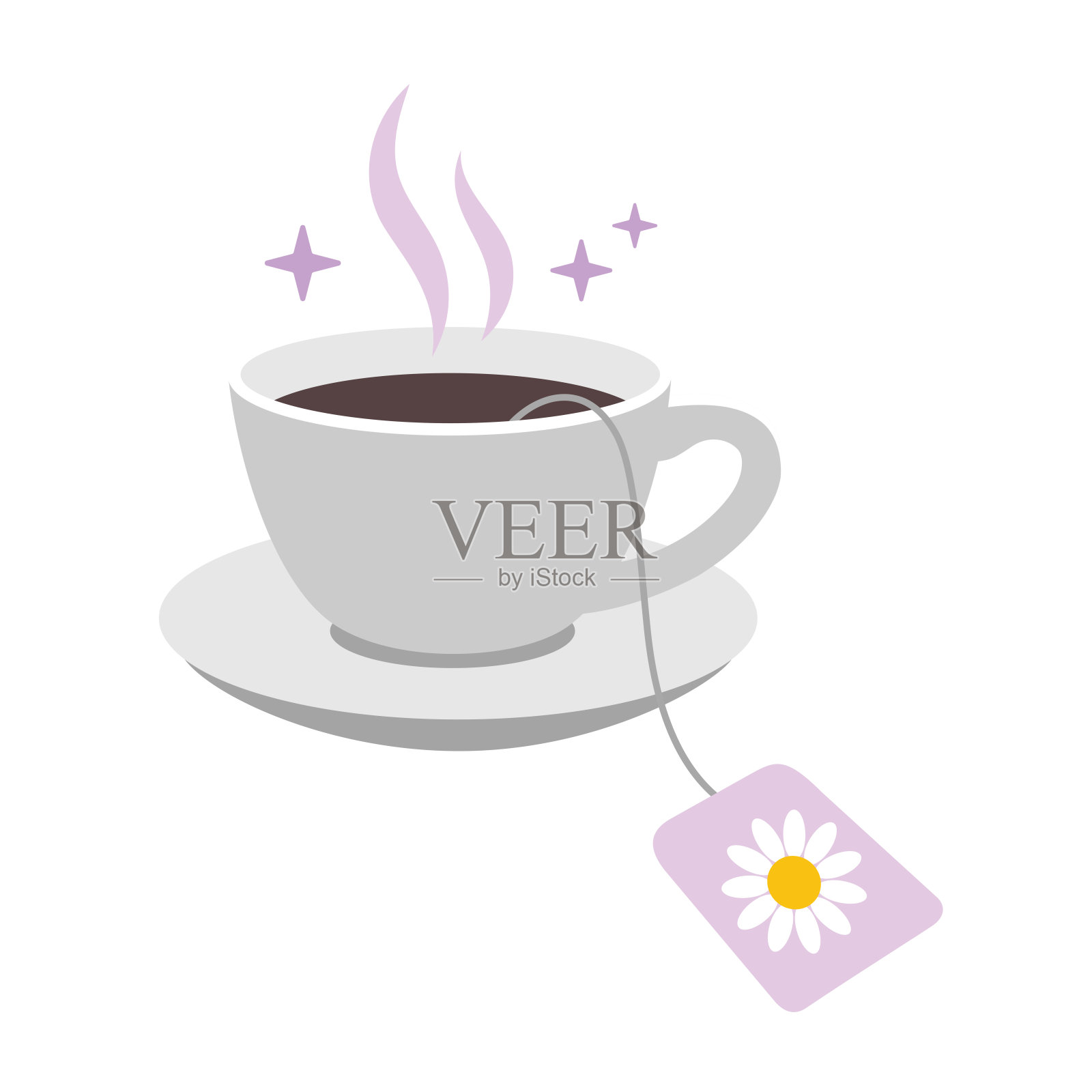 一杯加甘菊的茶。舒适的明信片。洋甘菊茶有助于睡眠。卡通插画，平面设计。插画图片素材