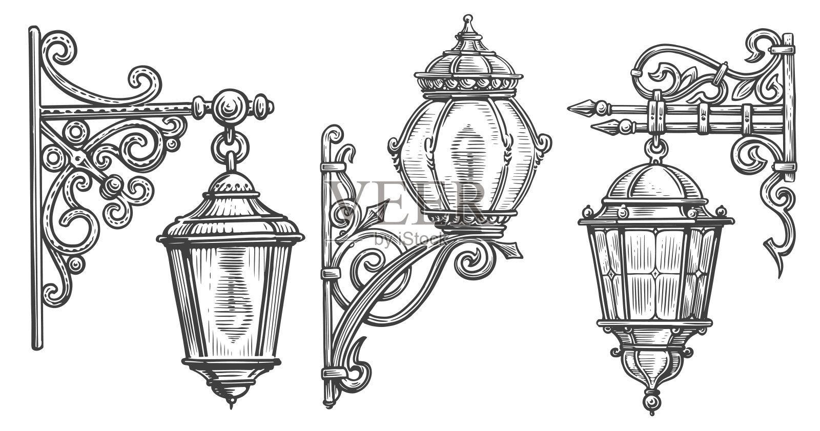 雕刻风格的壁式锻铁路灯。灯笼草图复古矢量插图插画图片素材